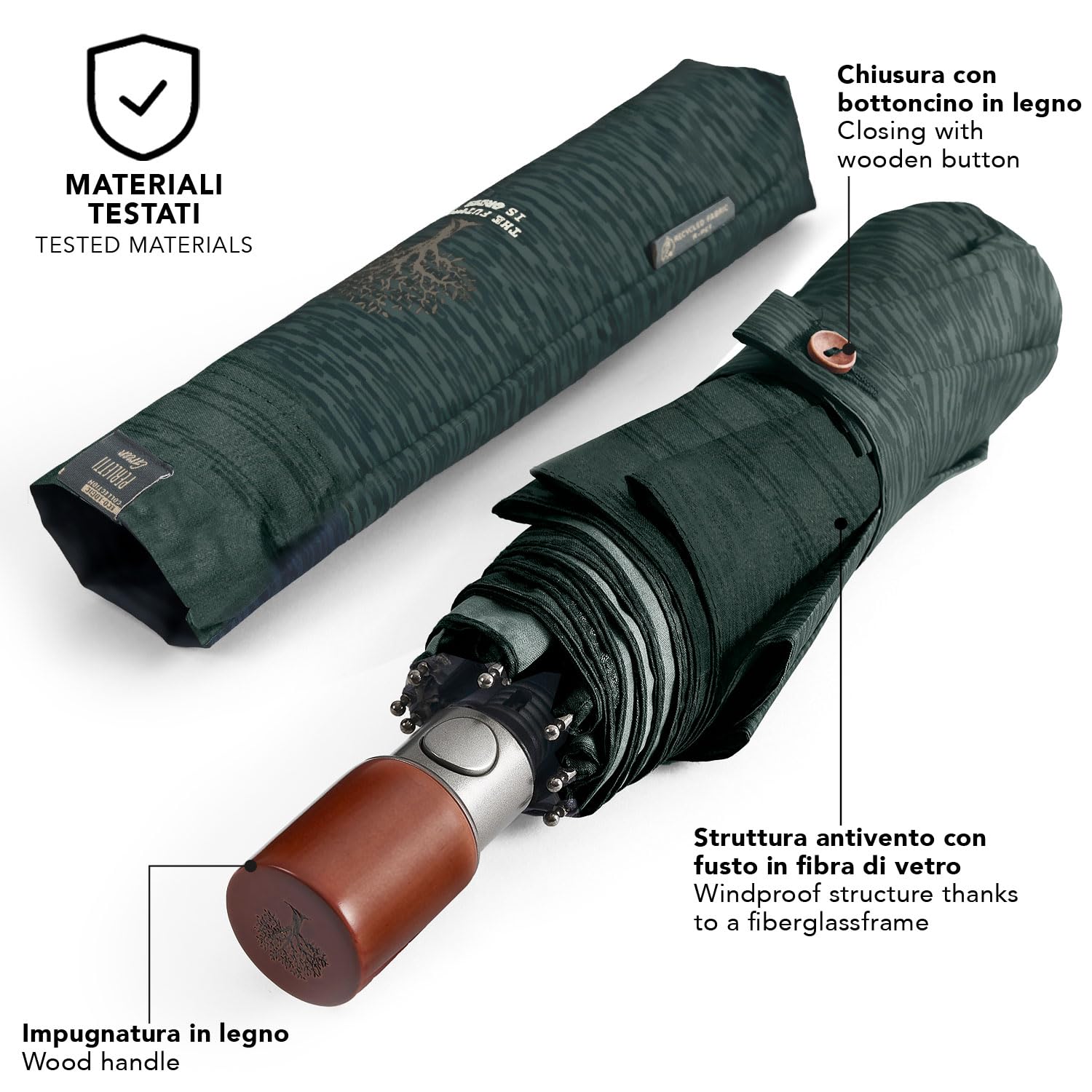 PERLETTI GREEN Składany Parasol Męski Automatyczny Przyjazny Środowisku - Parasolka Organiczna Ekologiczna Uchwyt z Drewna - Kompaktowe Małe Parasole Wiatroodporne - Średnica 96 cm
