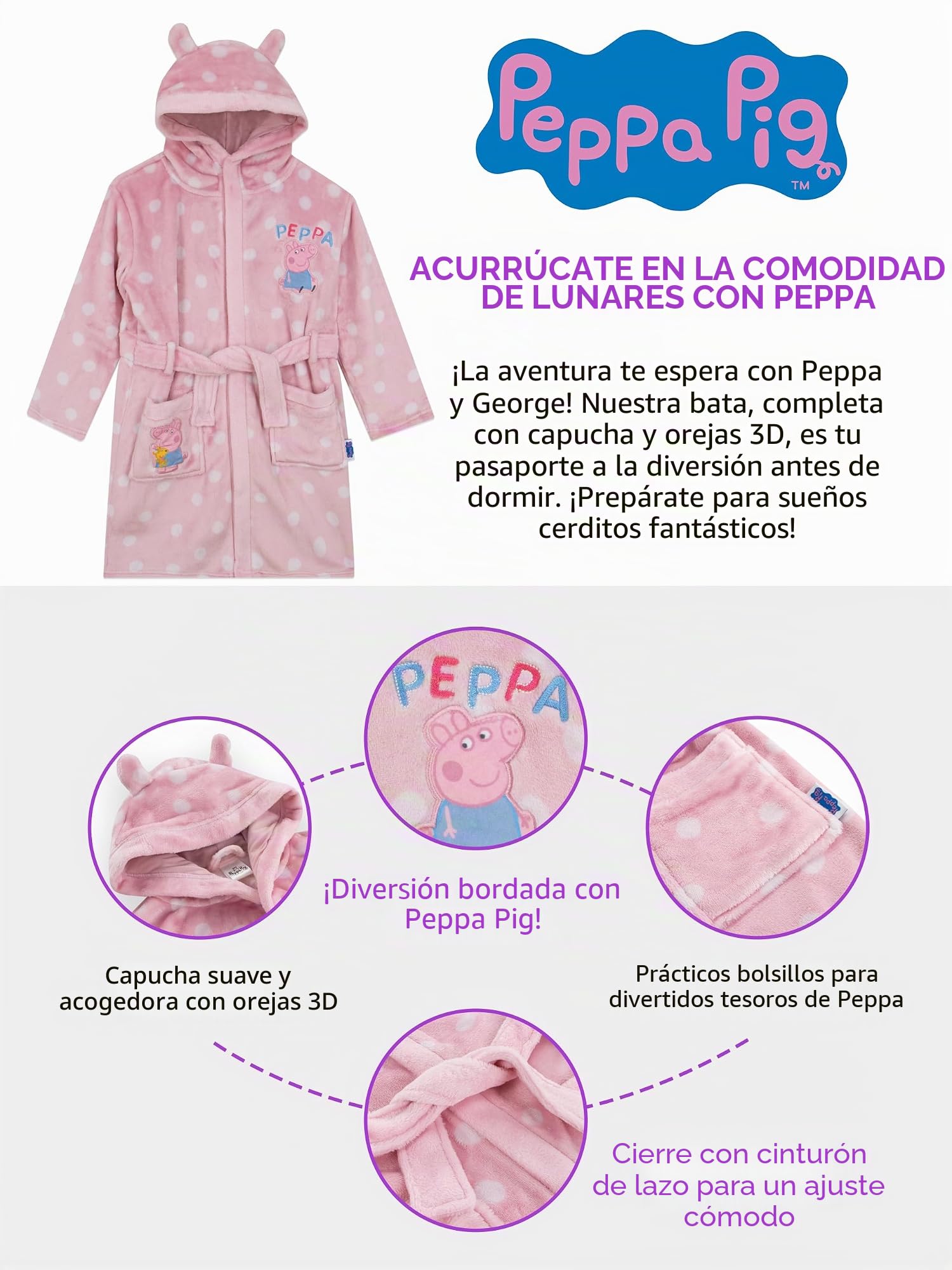Peppa Pig Bata Polar Esponjoso Albornoz Baño Niña | Albornoz De Niña Con Capucha Y Orejas 3D | Rosa | 18-24 Meses
