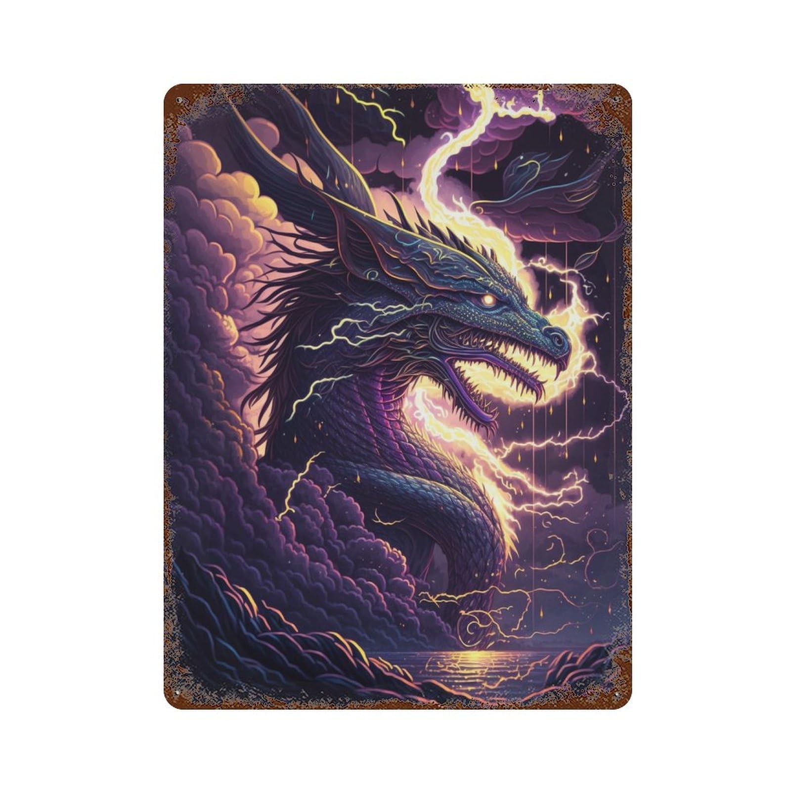 Thundering Dragon Storm -1 Rustic Tin Plaque 15.7"x11.8", Rustic Home Decor for Office, Studio And Wall Decor