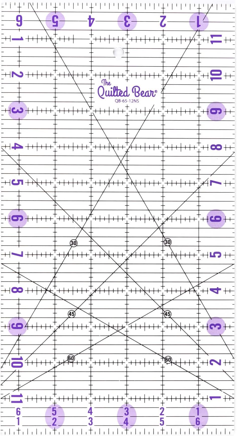 The Quilted Bear Quilting Rulers - Transparent Acrylic Non Slip Quilting & Patchwork Ruler with Clear Black Lines & 30, 45 & 60 Degree Angles (6.5" x 12")