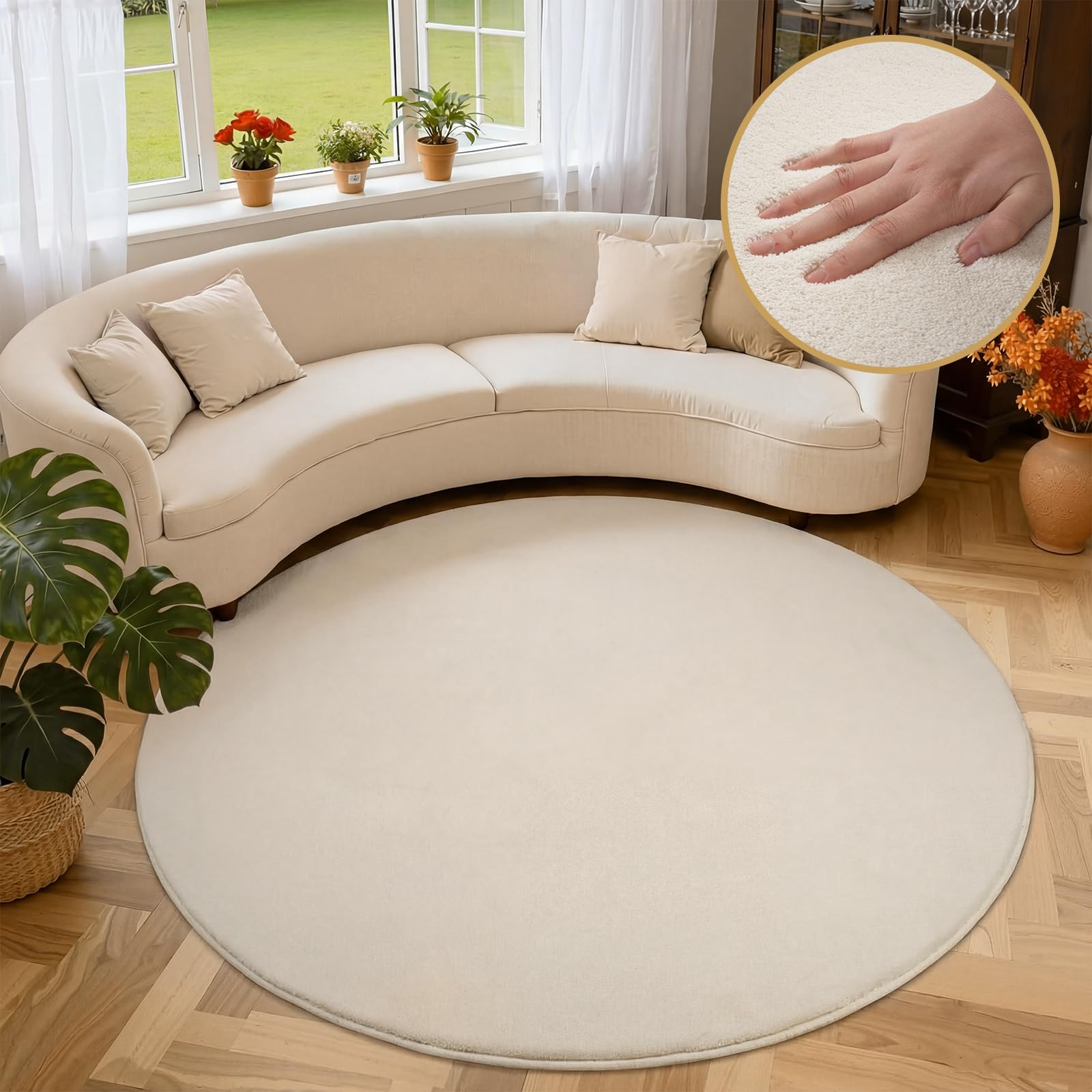 Homcomodar Runder Teppich Wohnzimmer 160cm Beige Teppich Schlafzimmer Kurzflor Anti-Rutsch Wohnzimmerteppich Flauschiger Teppiche für Schlafzimmer,Wohnzimmer,Esszimmer,Küchenteppich,Kinderzimmer