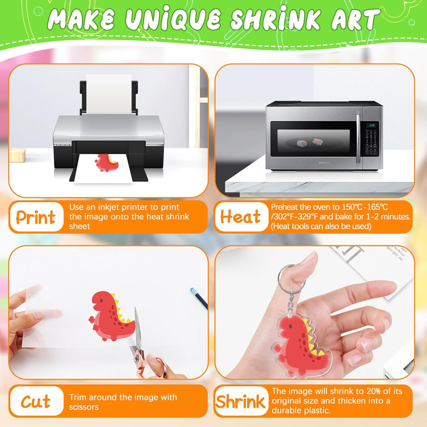 225PCS Printable Shrinky Dink Sheets Keychains Kit with 25 Printable Shrink Plastic Sheets and 200 Accessories for Inkjet Printer Kids DIY Crafts and Mothers Day Gifts Ornament 8.3x5.8in/21x14.8cm