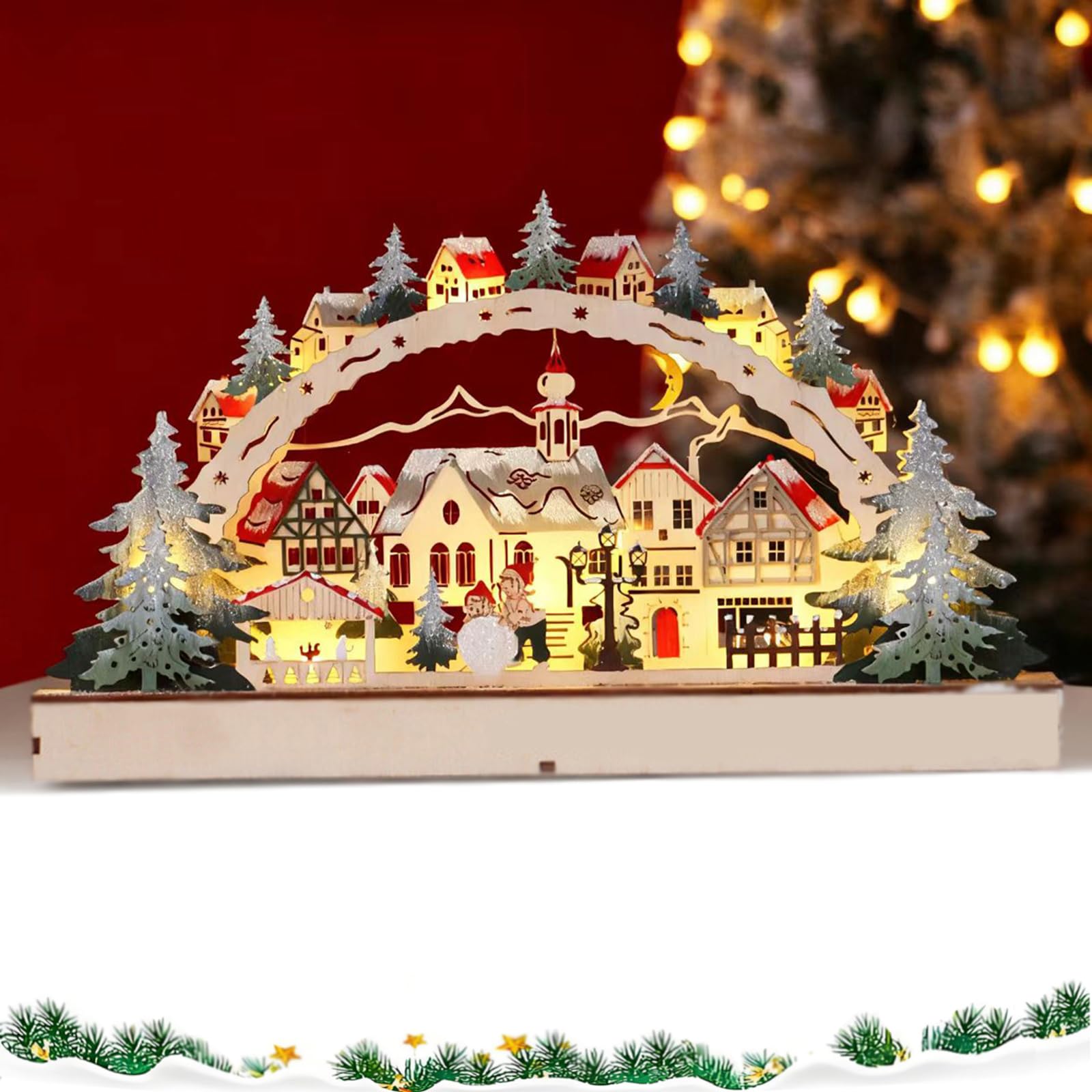 Christmases Village With Lighting - Wooden Light Arch,Wooden Christmas Bridge Arch with Village Scene,LED Xmas,Battery Operated - Decoration for Table Centrepiece,xmas ornaments for indoors-1set