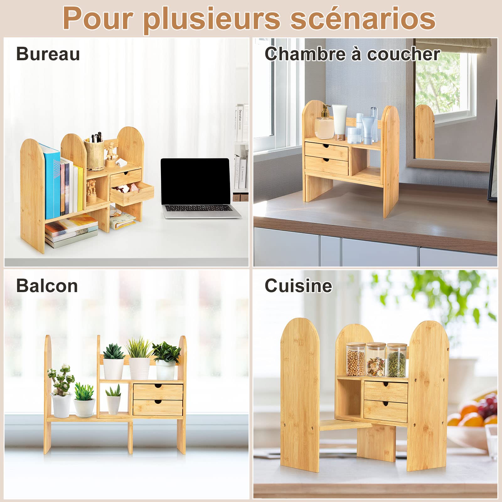 GUUSII HOME Etagere de Bureau a Poser Rangement Étagère à Livres pour Bureau Etagère de Table avec Tiroirs pour Chambre à Coucher Etagère en Bambou Ajustable Petit Rangement pour Cuisine