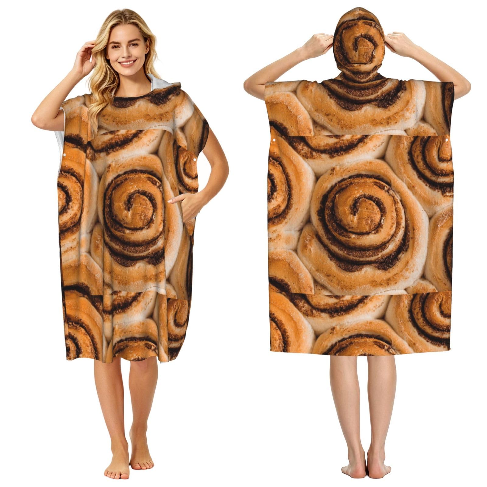 Poadnly Delicious Cinnamon Rolls Bread Pattern, Adult Hooded Beach Towel 90 x 110 cm,Changing Bath Robe, Surf Poncho Towel For Women Men