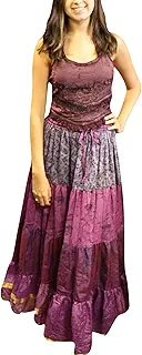 Mogul Interior 2pc Womens Sari Gypsy Maxi Flare Skirt with Bohemian Sleeveless Maroon Tank Top M