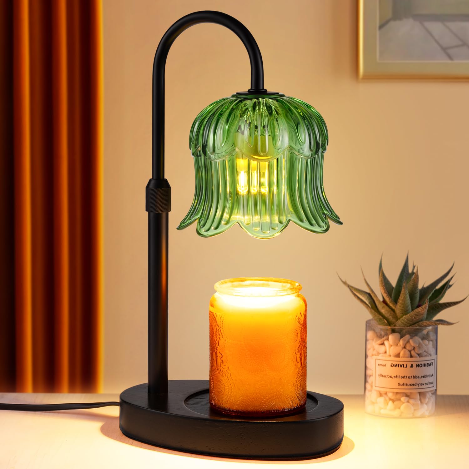 Green Floral Glass Shade Candle Warmer Lamp with Timer 2h4h6h8h Flameless Height Adjustable for Any Candle Dimmer Brightness Control Melts Wax Faster When Brighter Ideal with 2 Bulbs