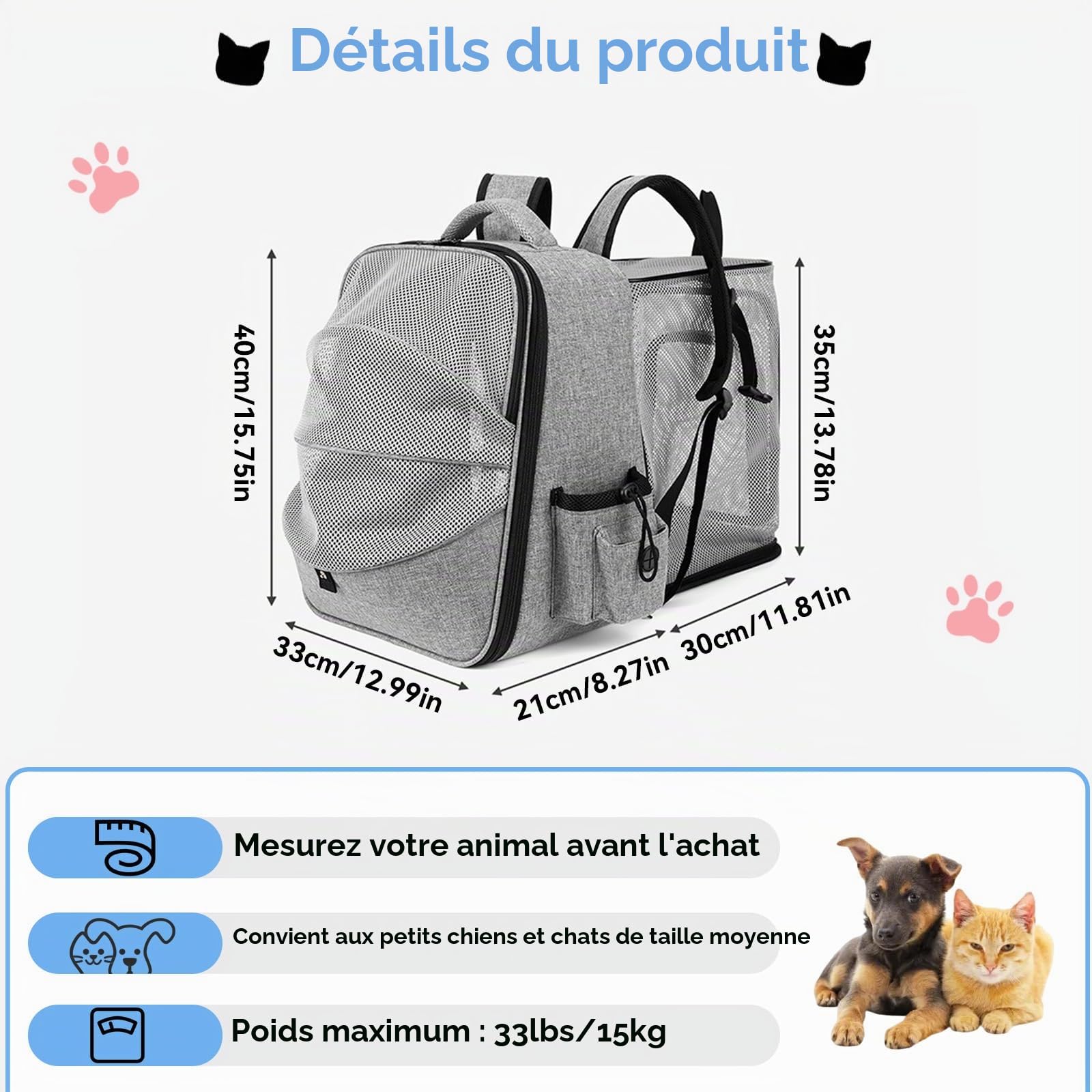 Sac à Dos Extensible pour cha,Sac a Dos Chat Respirant, avec Matelas en Peluche Amovible,pour Animaux de Compagnie jusqu'à 15 kg,Portable Sac Chat Transport pour Voyage, Achats,Gris