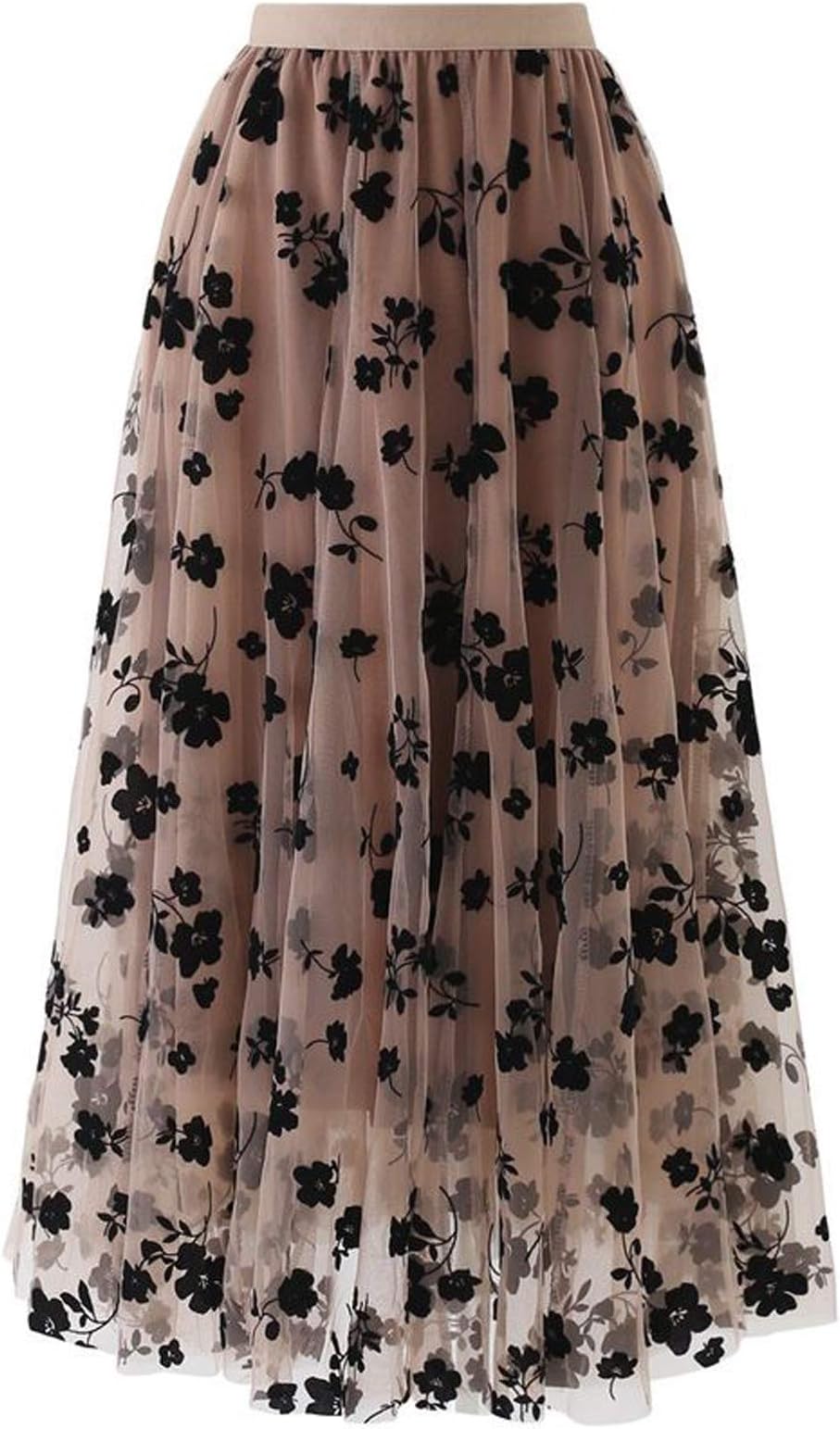 OutTop Long Skirts for Women Swing Floral Print Tulle Skirt Elastic Waist Loose Elegant Pleated Maxi Skirt Dresses