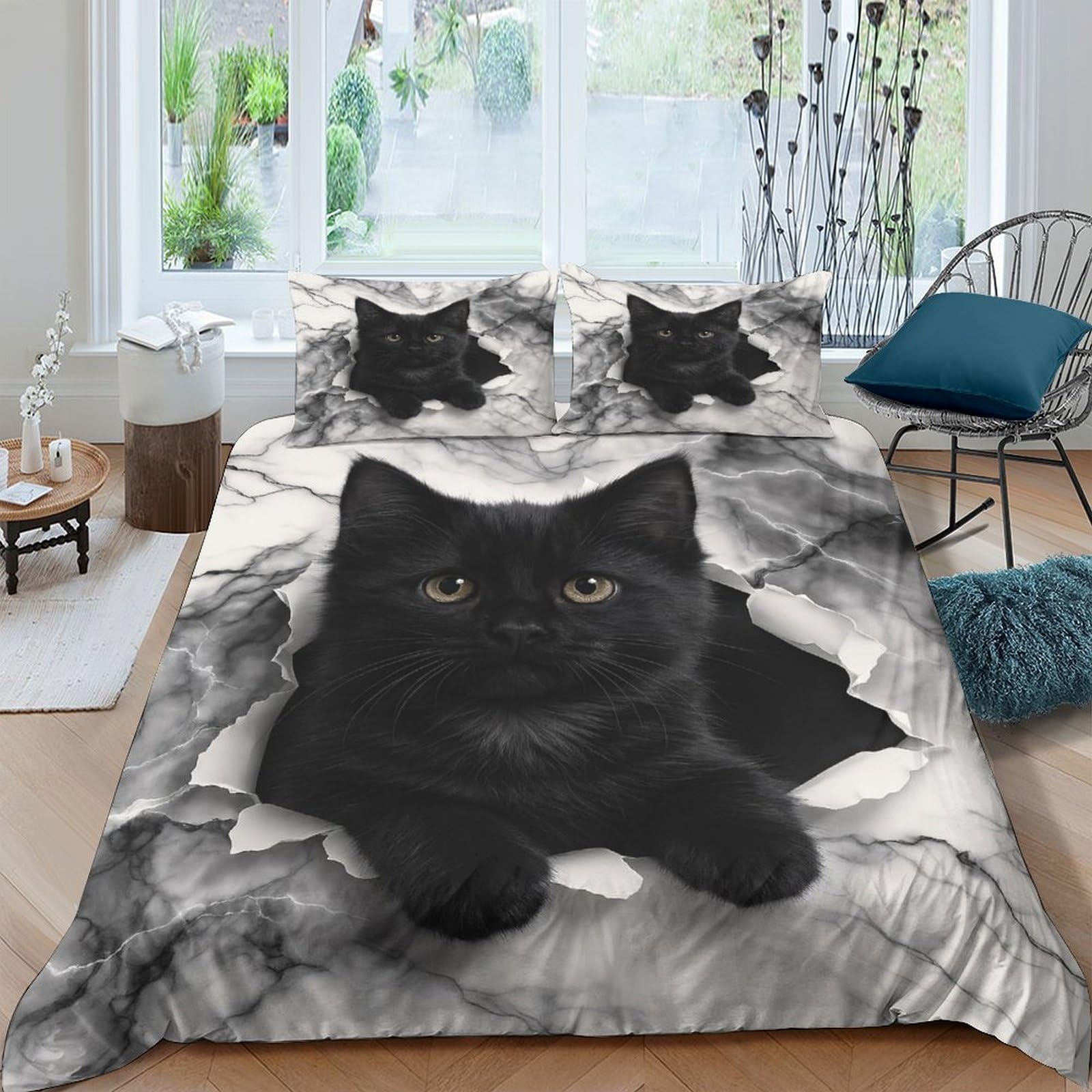 Ctjqhvkz Style-6 3D Printed Black Cat Fitted Sheet Microfiber Soft Bedroom Decor Realistic Cat Pattern Mattress Cover Single（135X200cm）