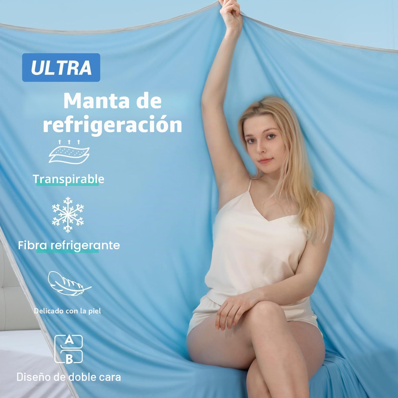 Marchpower ARC-Chill® Manta de enfriamiento de Verano con sensación fría Q-MAX>0,5 Manta Verano de Doble Cara para Cama sofá de Viaje, 130 x 170 cm, Azul