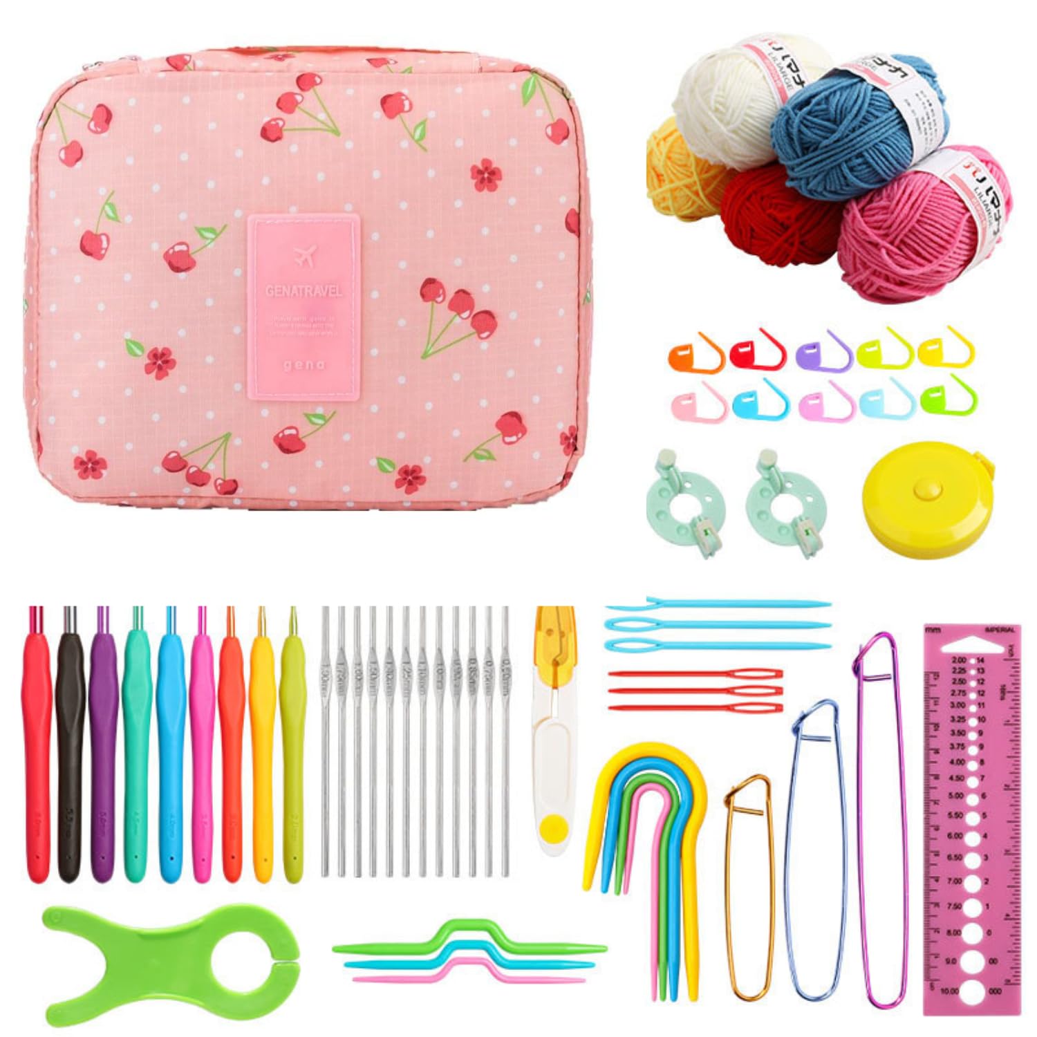 Tusmad Crochet Knitting Needle Kit 107 Pcs Starter Kit for Beginners, Ergonomic, Crochet Hooks Travel Bag,for Beginners Adults or Kids Crochet Kits Include Yarn with Crochet Hooks, Stitch Markers & Accessories (Cherry Pink color storage bag )-image-28