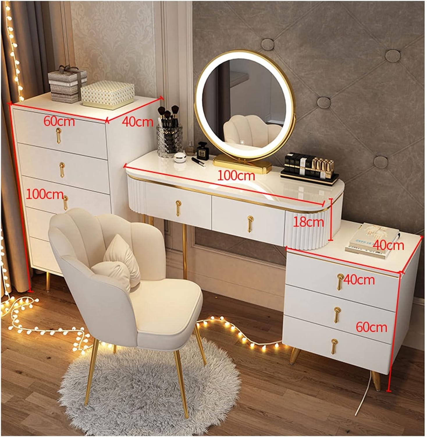 Vanity Dressing Table Set Luxury Makeup Bench with 3 Colors Led Hd Mirror,Comfortable Stool Drawers Cabinet,Modern Simple Style,for Girl's Gift (Size : 120cm) ()