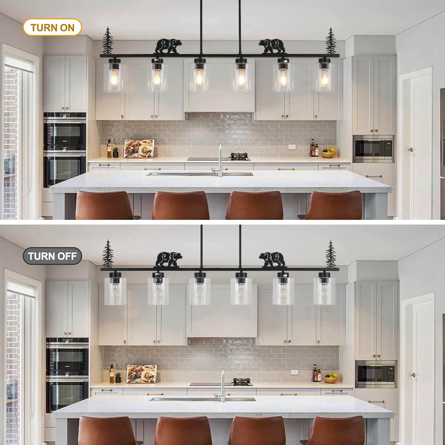 Dining Room Light Fixture/Chandelier Over Table,6-Light Kitchen Island Lighting Hanging for Farmhouse Linear Chandeliers Black Rustic Ceiling Pendant Light Fixtures with Clear Glass Shade