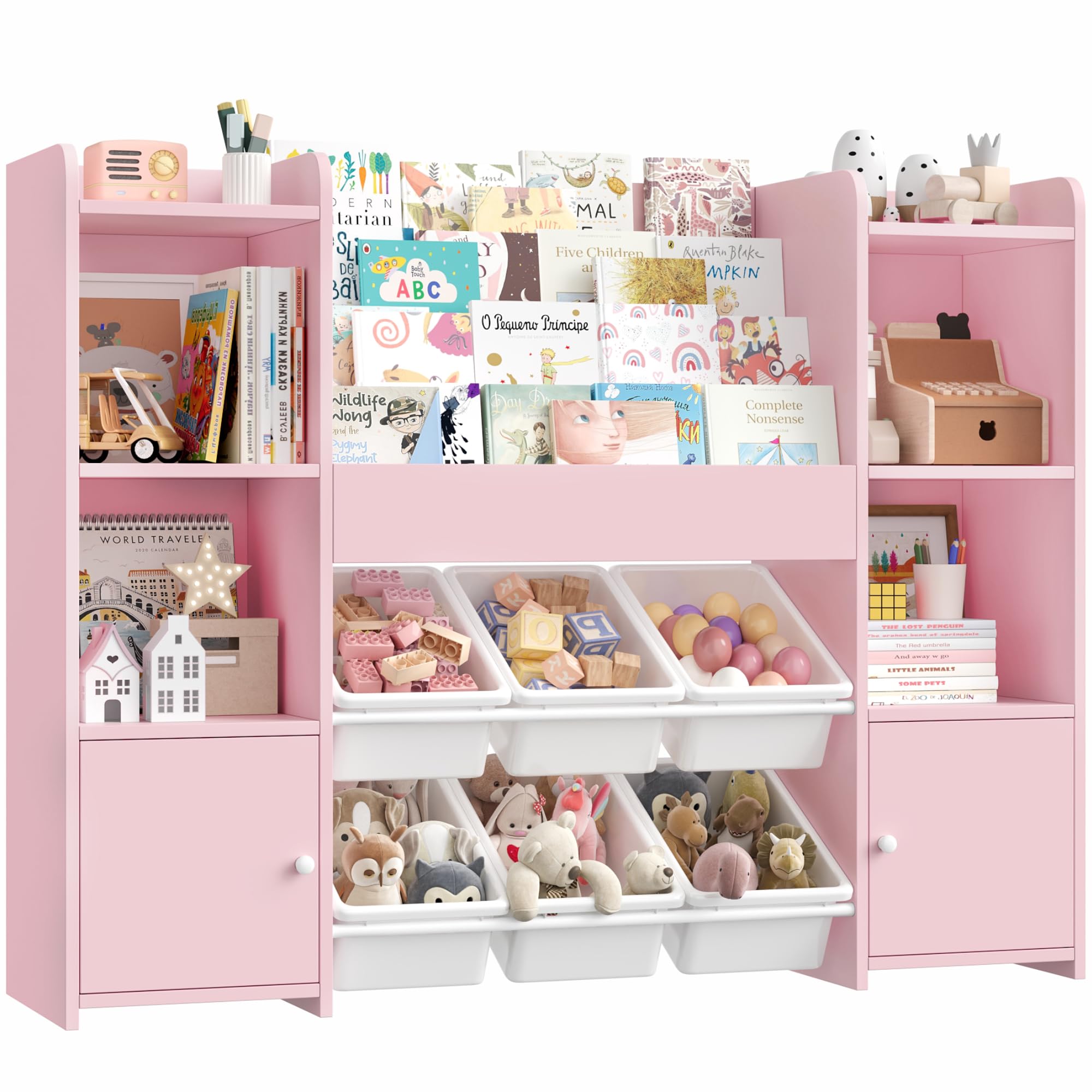 FOREHILL Kinderrek met dozen op wieltjes, kinderboekenkast met 4 niveaus en 2 laden, kindermeubelen, speelgoedrek, opbergrek, boekenrek, kinderkast, 125 x 33 x 120 cm, lila