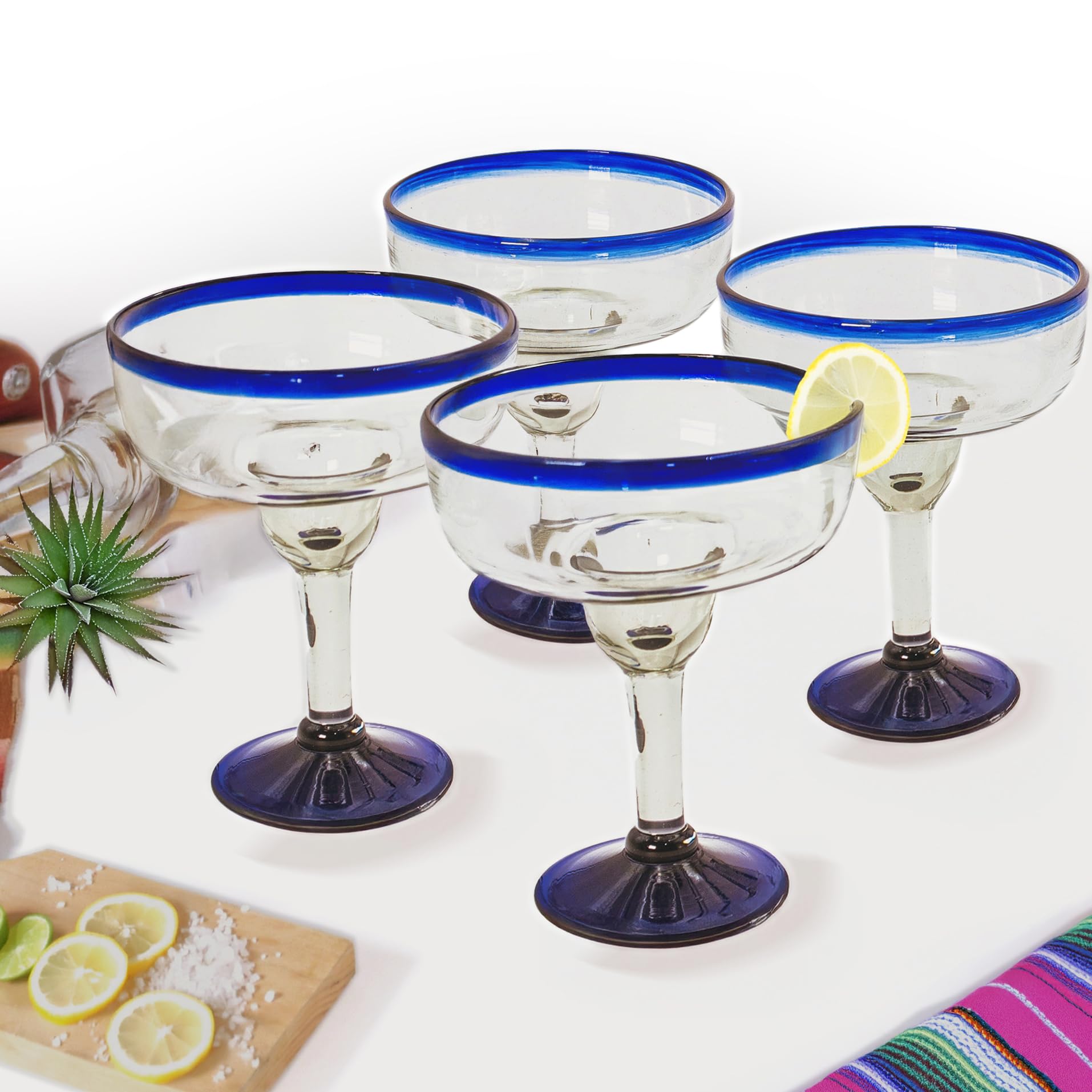 Vasos grandes de margarita mexicana soplados a mano, auténtico cristal hecho a mano de México, borde azul cobalto, juego de fiesta, perfecto para margaritas, piña coladas, cócteles congelados u otras
