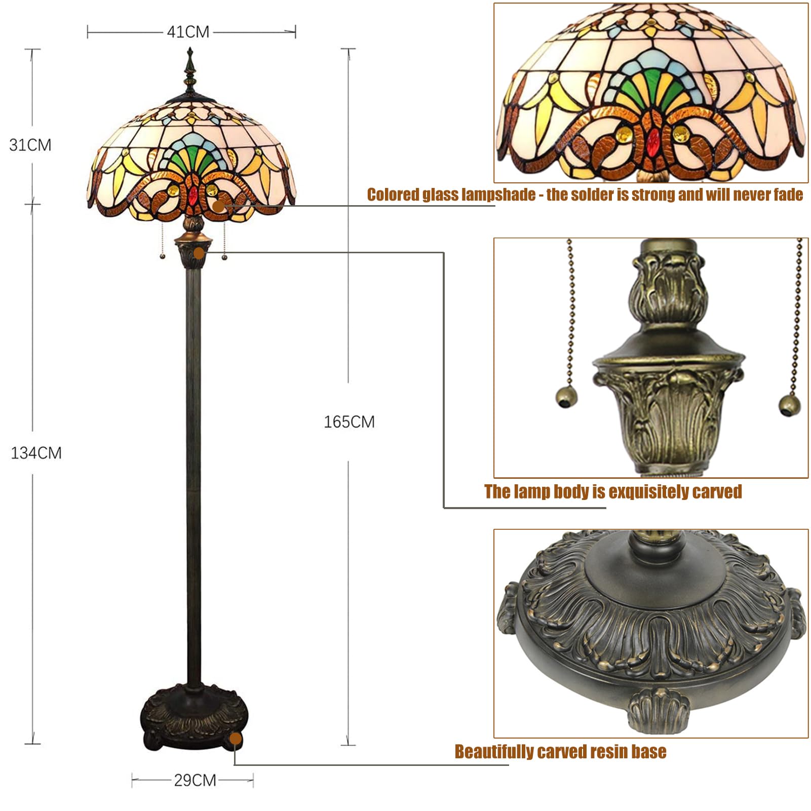 Piantana Lampada da Stelo Terra Soggiorno Stile Tiffany,Lampada Vintage Salotto Camera Da Letto Arredamento Casa,16" Paralumi in Vetro Macchiato,Alta 165 Cm Con 2 Lampadine Led E27(F-1)