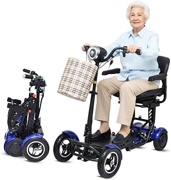 4-Wheel Mobility Scooter Travel Folding Electric Wheelchair - All Terrain Compact Scooter w/Front Basket, Headlights, Brakelights, Adjustable Armrests & Battery Level Indicator Blue