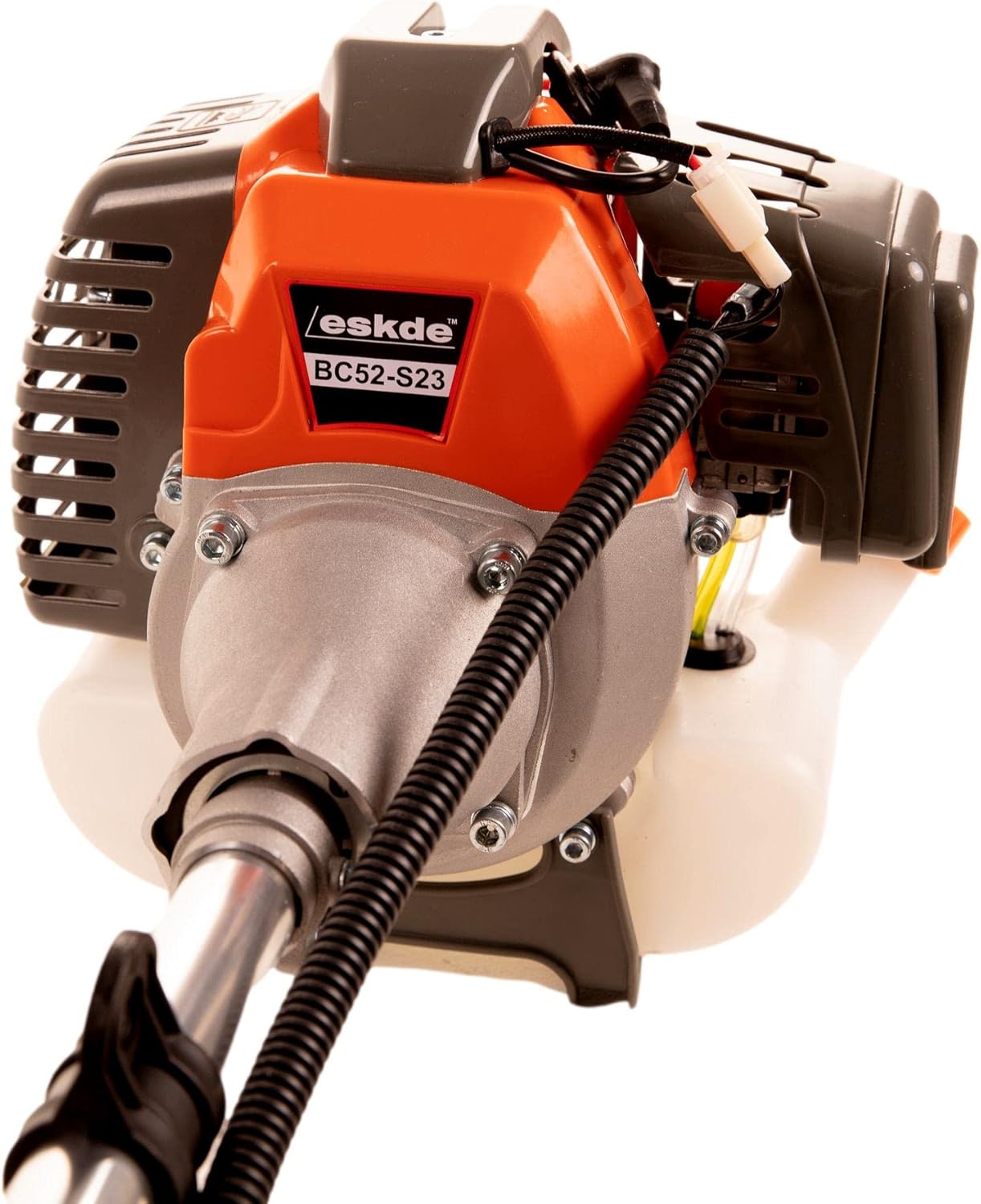 Close-up of the eSkde strimmer engine with fuel tank