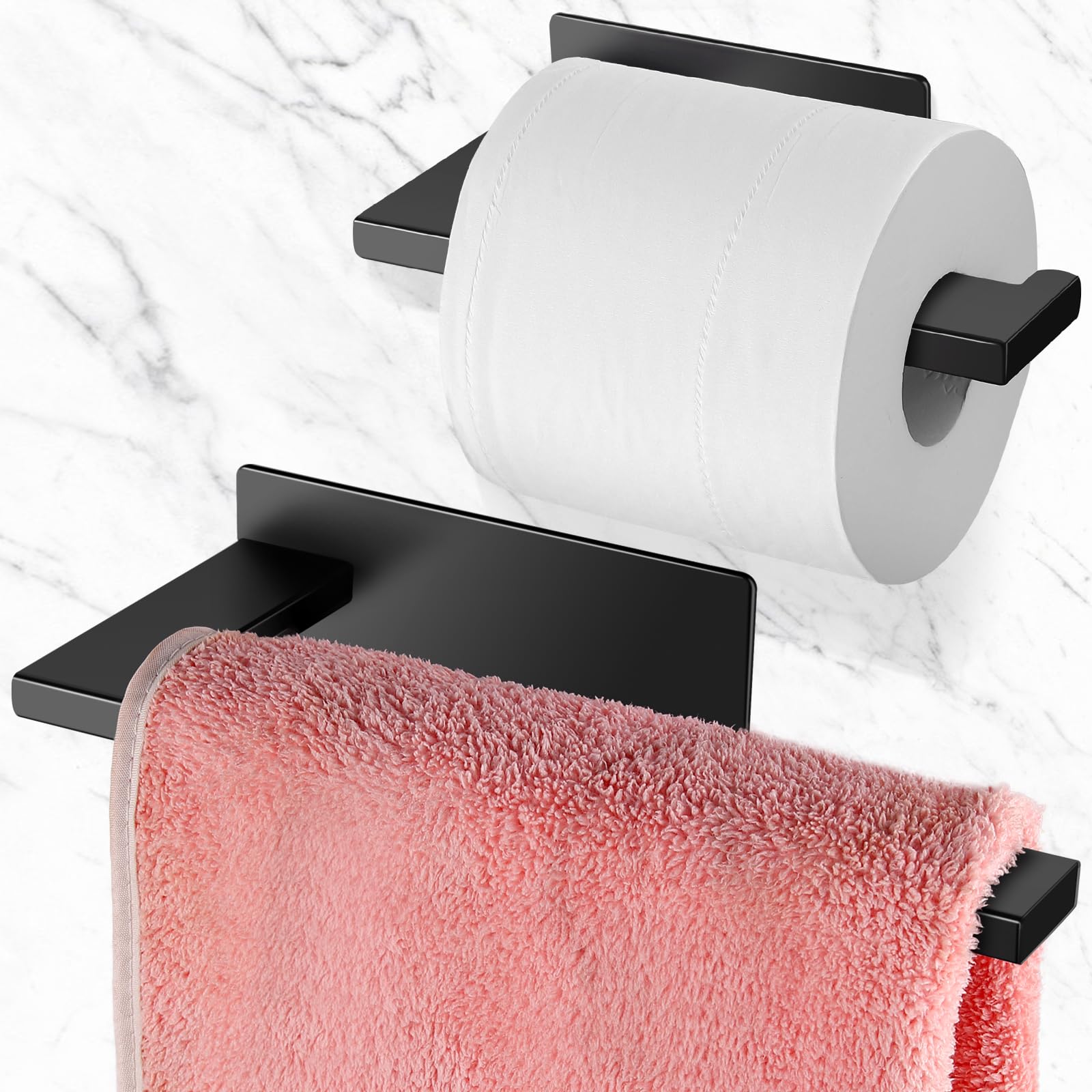 JiGiU 2 Pieces Towel Rail Hand Towel Holder Self Adhesive Towel Bar Stick on Toilet Paper Holder Stainless Steel Bathroom Accessory Set Wall Mount Towel Hanger for Bathroom Kitchen