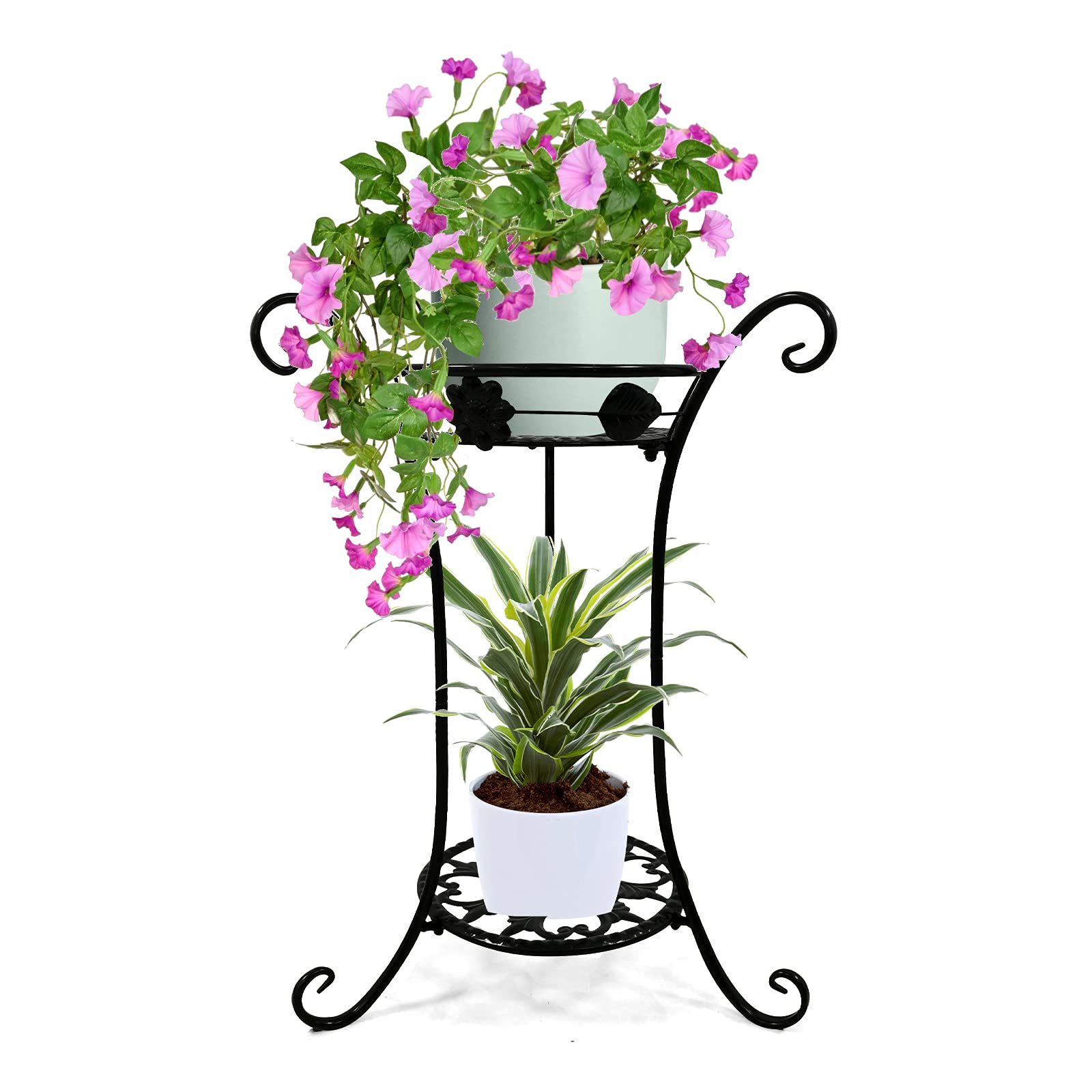  Stand 2 Tier,  Stand Indoor Outdoor, 25.6'' Tall Modern Design Metal  Stand Rack Black Flower Stand for Patio, Living Room & Garden