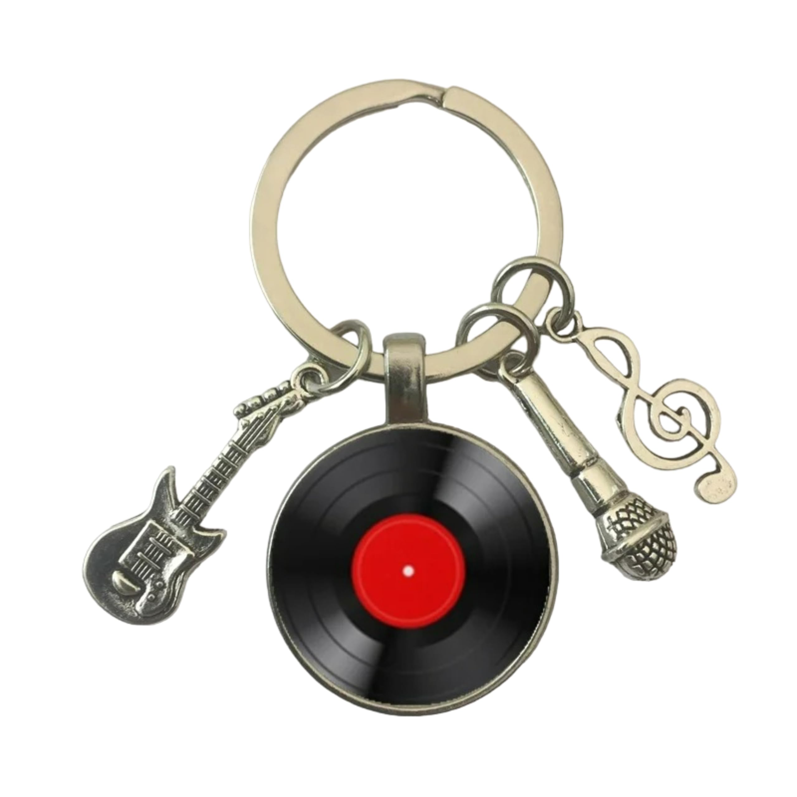 Mundo Llavero DJ Vinyl Record Keyring Red - Key Ring for Keys with Record Player Vinyl Record, Sun Key, Microphone and Electric Guitar - Gift for Music Lovers - Unisex Keychain, grey, XL
