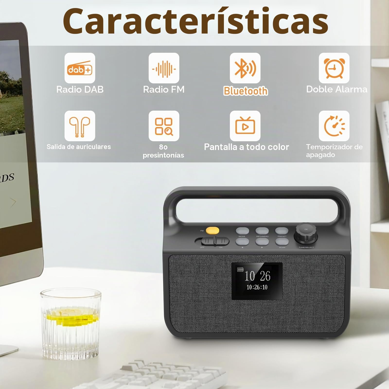 Radio Bluetooth 20000mAh con Función de Carga para Móviles, Dab/FM con Ranura para Tarjeta TF,Entrada AUX, Función de Alarma,Radio Portátil de Emergencia para Camping y Actividades al Aire Libre