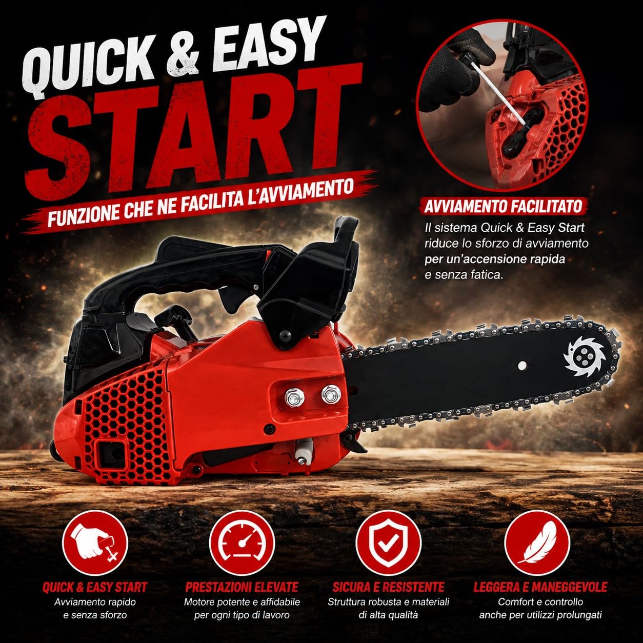 Motosega a Scoppio 25,4CC 900W Barra 25 cm per Potatura Motore 2 Tempi Catena 3/8" Lubrificazione Automatica Sistema Antivibrazione Ideale per Taglio Legna, Rami e Giardinaggio