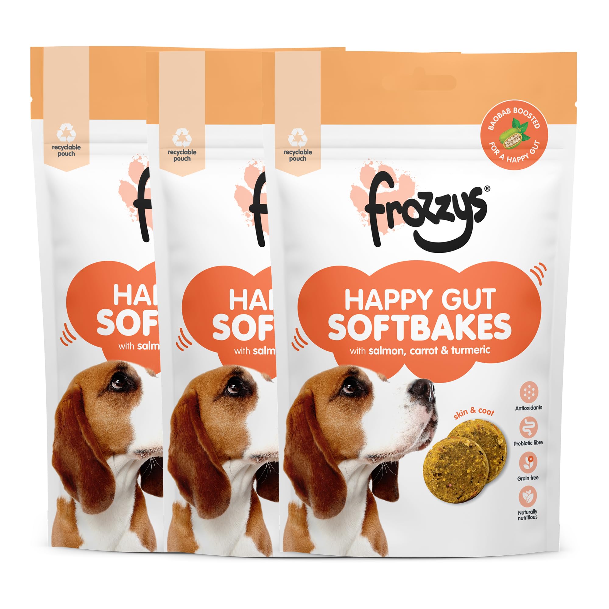 Frozzys Happy Gut Softbakes Grain Free Dog Treats with Prebiotic Fibre & Antioxidants for Gut Health