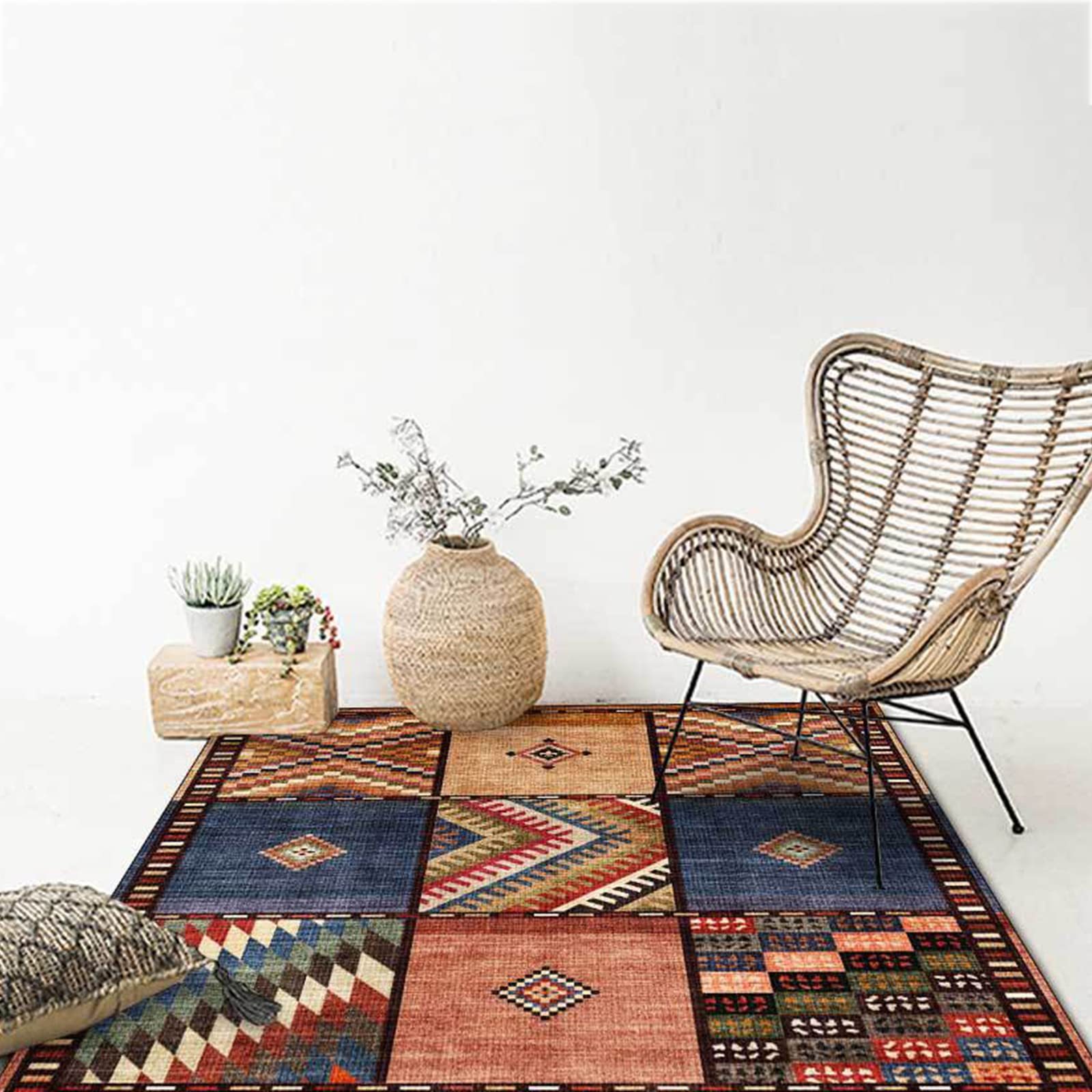 Rururug Teppich Quadratisch 140 x 140 Wohnzimmer Schlafzimmer Waschbar Teppiche Sofa, Büro Schreibtisch und Stuhl, Braunes Mehrfarben-Patchwork, Square 140 x 140 cm