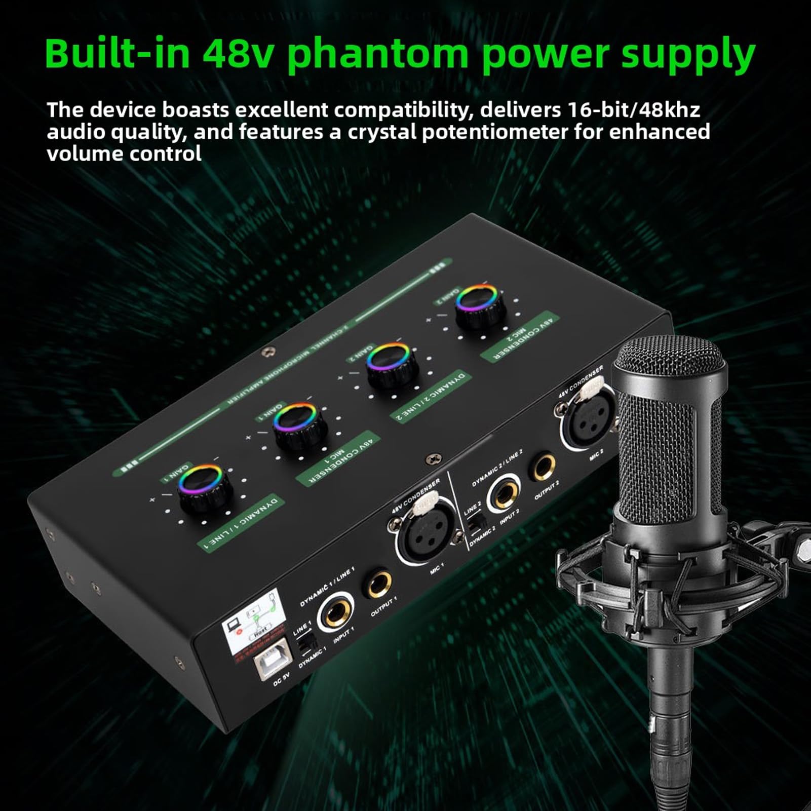 Asixxsix Alimentation Fantôme 2 Canaux 48 V, 4 Entrées Max 40 DB, Préampli de Microphone à Condensateur Dynamique avec Câble Audio 3,5 Mm 6,35 Mm pour D'enregistrement de Musique