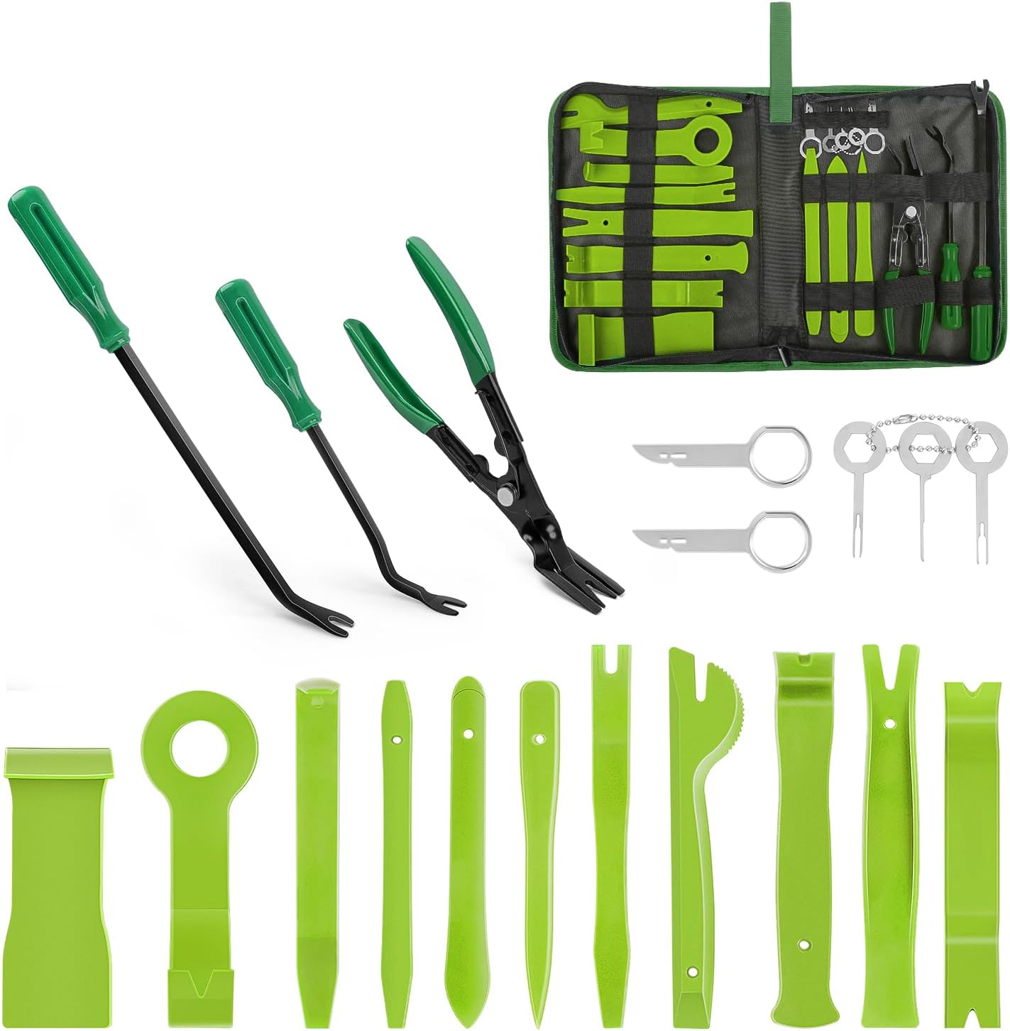 GOOACC 19Pcs Trim Removal Tool Set Panel Fastener Clips Removal Automotive Plastic Upholstery Pliers Removal Install Removal Car Tool with Storage Bag for Trim Panel Audio Clip Pliers Terminal-Green