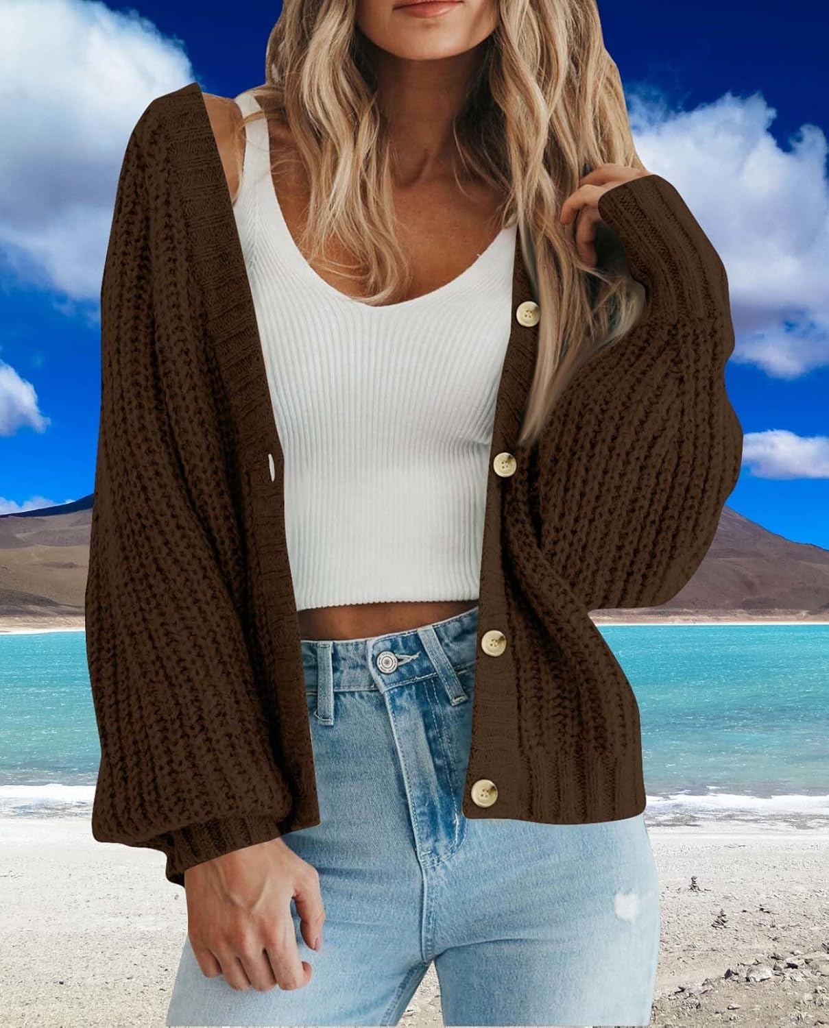 Ultimate Womens Thick Knit Cardigan Sweater Cozy Long Sleeve Button Loose Short Warm Cardigan Sweater - Image 5