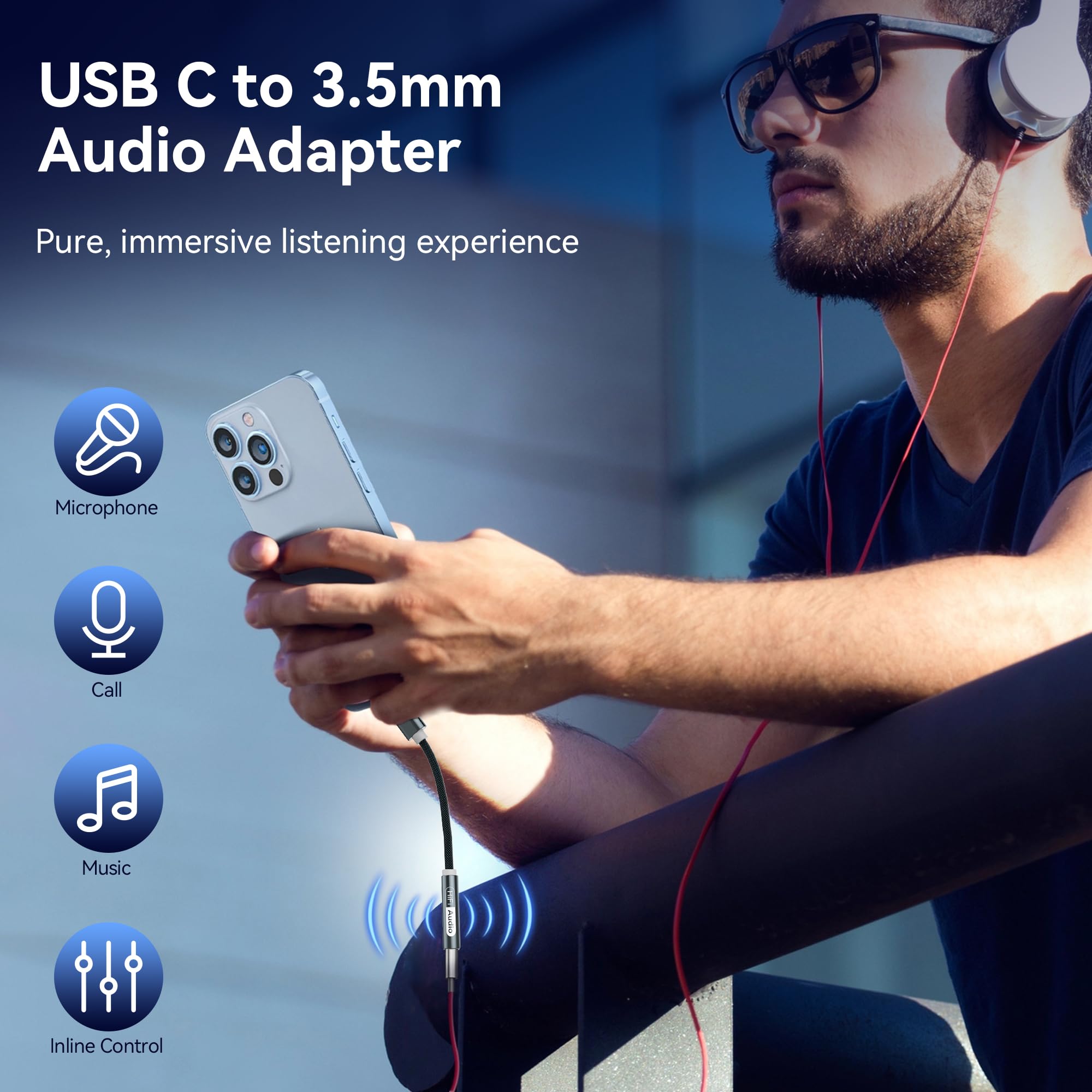 YISH Adapter USB C na Jack 3.5mm：USB C Aux Słuchawki Nylon, USB Typu C na Jack z DAC Chip Kompatybilny z iPhone 17/16 Pro Max Samsung Galaxy S25/S24 iPad Air/Pro Google Pixel 8/7
