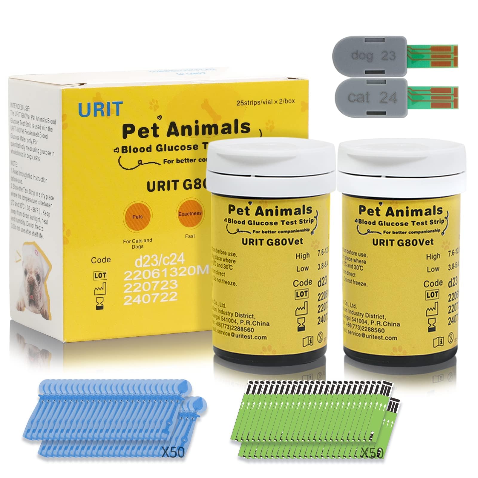 Dogs and Cats Glucose Monitoring System Blood Sugar Check Kit For Pet Only Accurate Diabetes Testing w/ 2 Calibrated Code-Chips (Battery not included) (Only 50pcs strips)