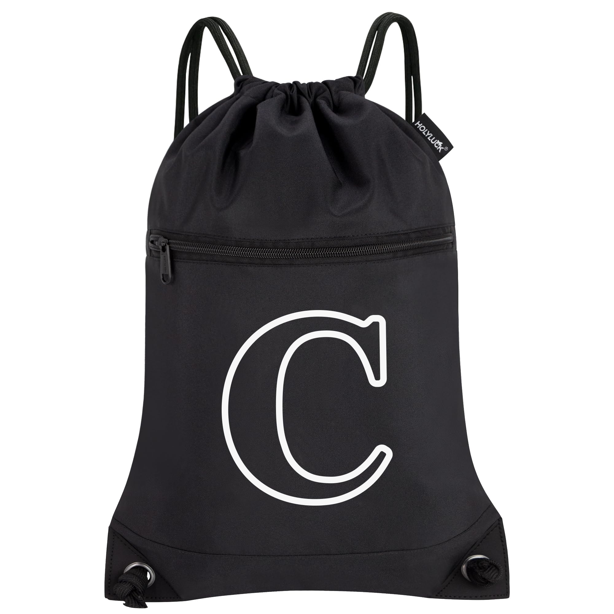 HOLYLUCK Drawstring Bags Initial Backpack Sackpack Cinch Bags for Sports, Gym, Travel, Beach(Black-C)