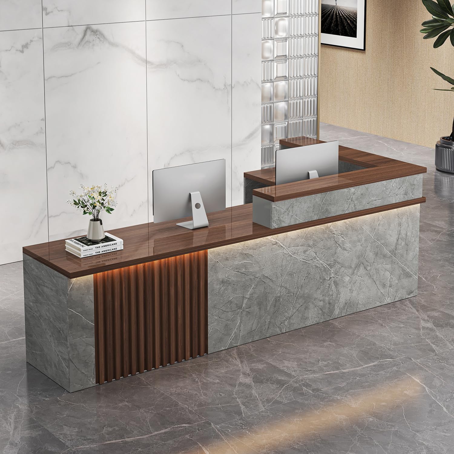 L Shaped Reception Desk with Counter,Front Desk Commercial Reception Counter with Lockable Drawers & LED Lights Retail Checkout Counter for Salon Lobby Store(A-Left, 71inch/180cm)