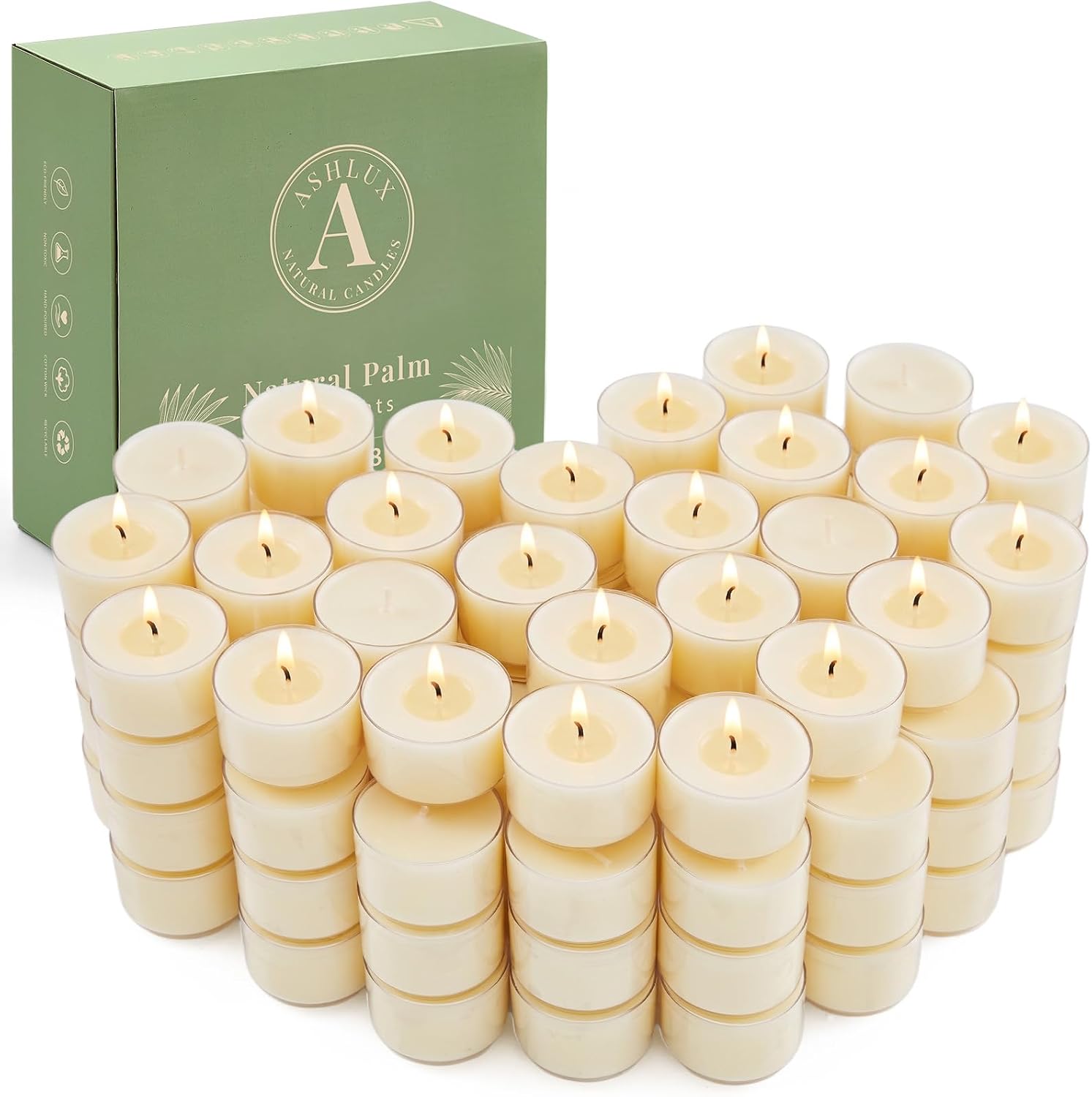 Ashlux Palm Tea Lights Candles 100 Pack, 8H Unscented with Raised Base