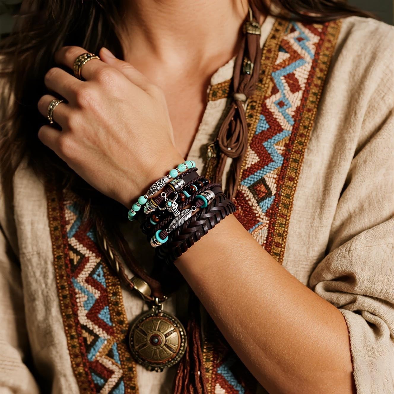 Turquoise Western Bracelets for Women Turquoise Beaded Stretch Bracelets Vintage Stackable Leather Bracelet Country Cowboy Outfit Accessories - Image 3