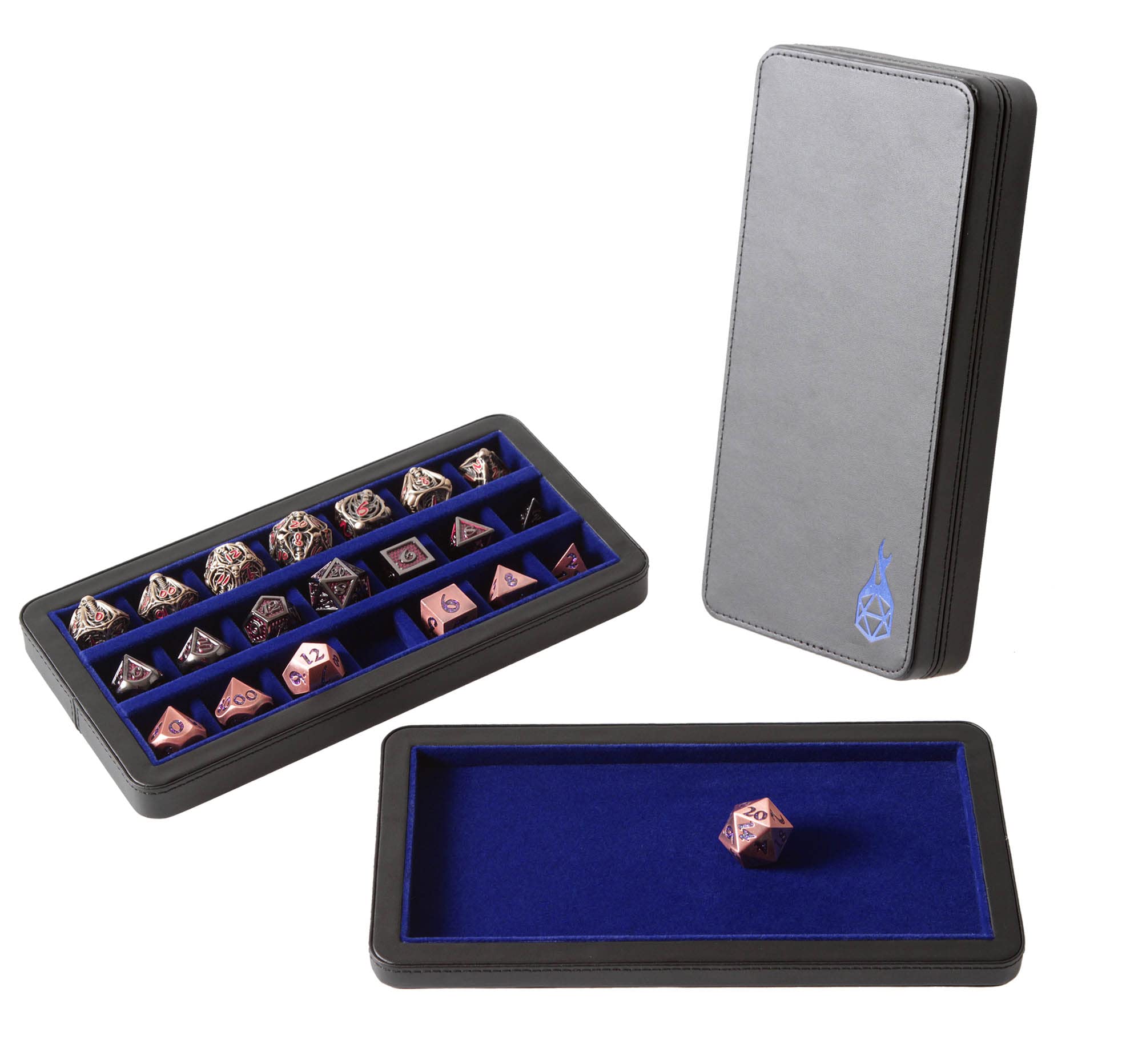 Forged Dice Co. Premium Large Divided Dice Case - Combined Dice Box and Dice Tray - Holds Polyhedral Dice Sets - 21 Felt-Lined Chambers - Magnetic Lid Closure - Perfect Metal Dice Storage Box - Blue