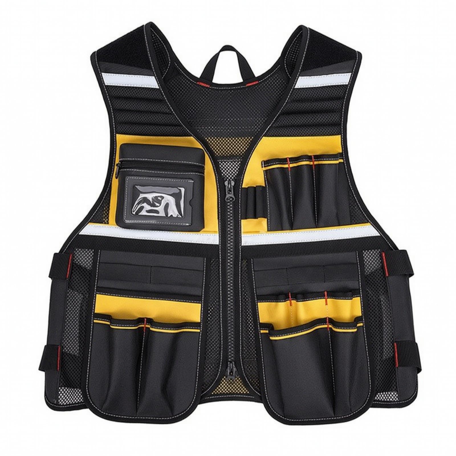 Gilet con Tasche penne | Cinghie di Regolazione Laterali, Gilet da Lavoro con Strisce Riflettenti, Alta Visibilità, per Cantiere, Elettricisti