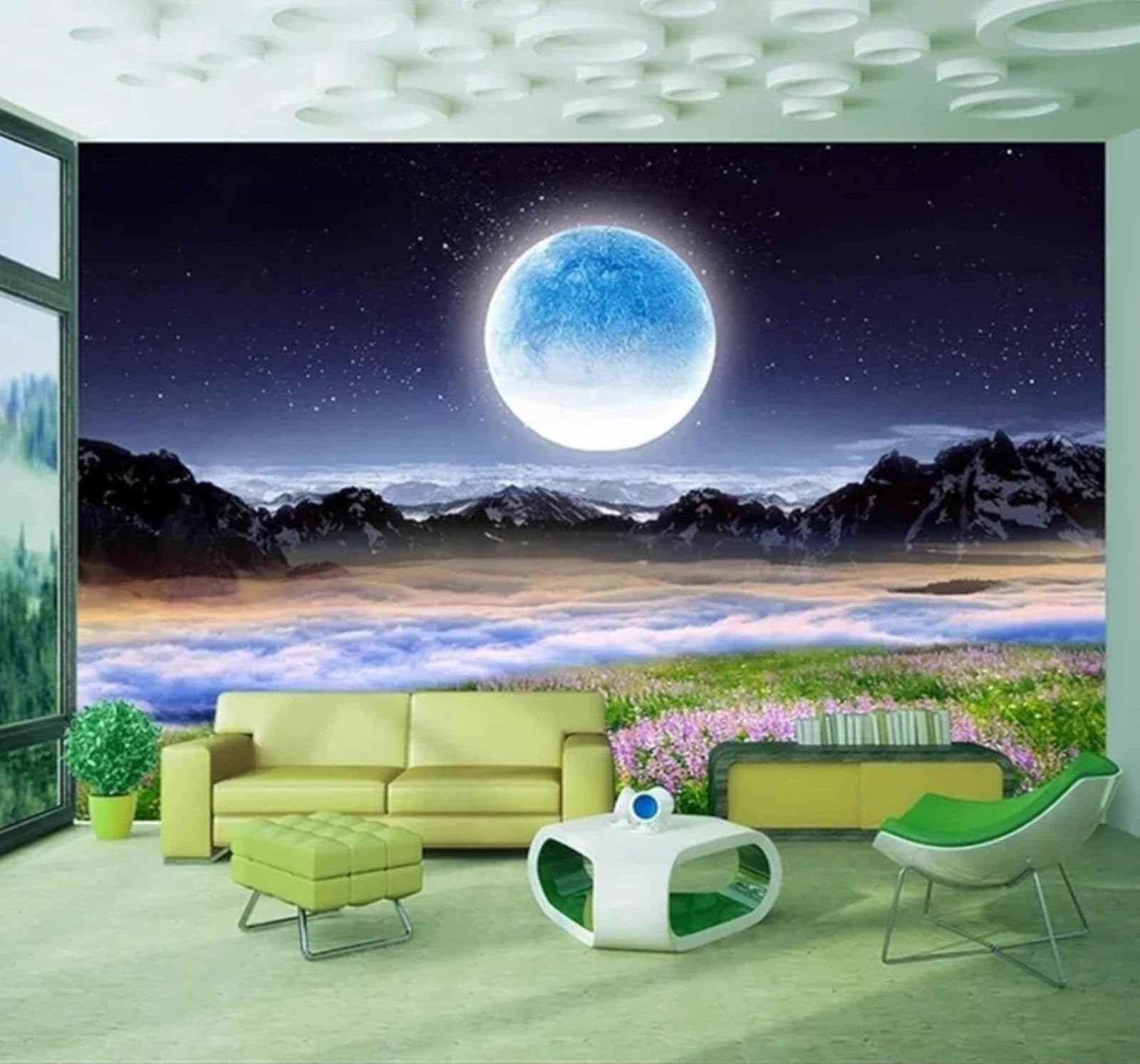 Tzxztt 150Cm×105Cm(B×H) Beautiful Starry Sky Moon Natural Landscape Night Scene Modern 3D Wallpaper Premium Textured Silk Neutral Tones Material Ideal For Living Room Bedroom-150Cm×105Cm