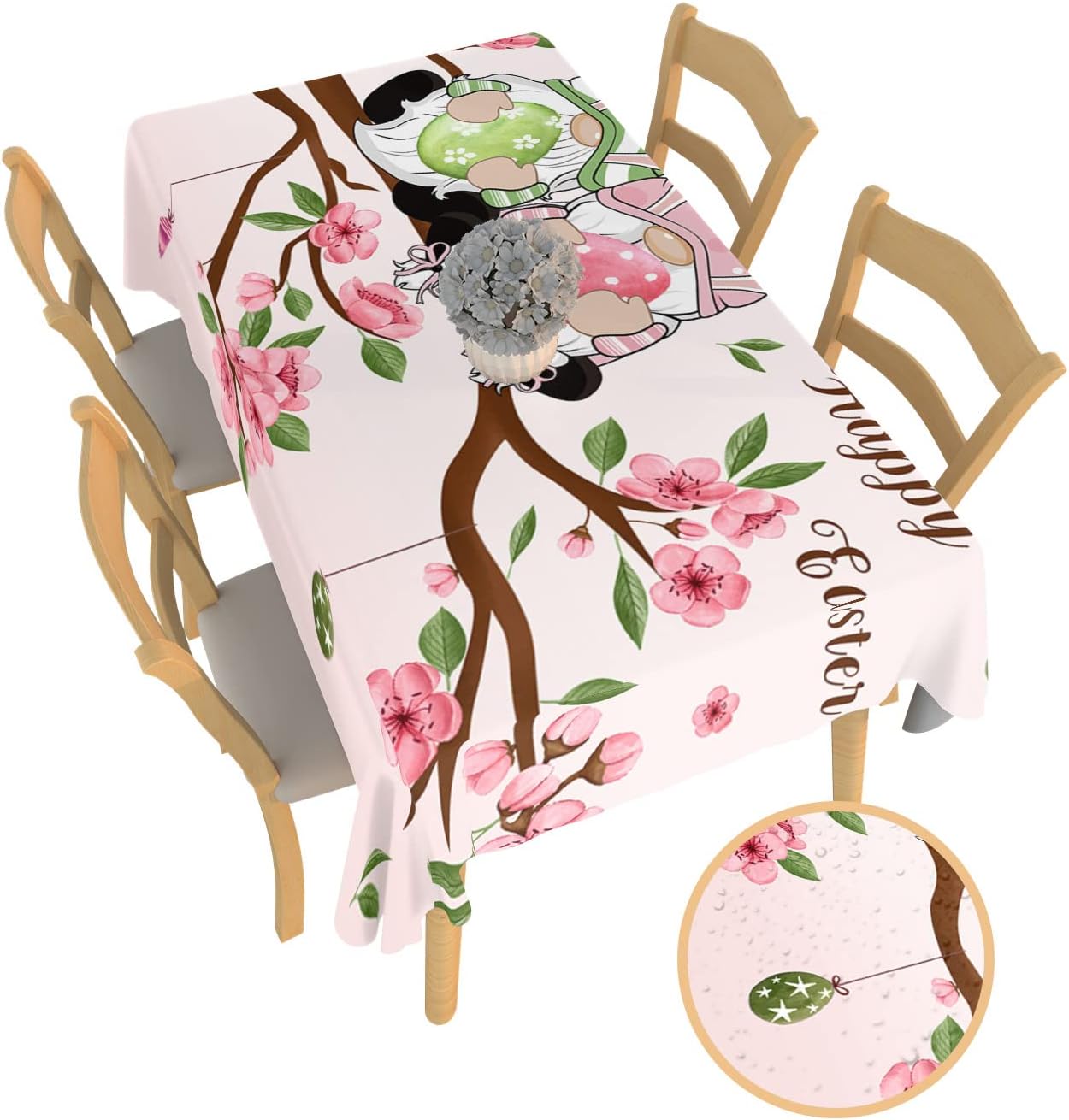 Waterproof Tablecloth Rectangle/Square Washable Table Cloths Dwarf Easter Egg Bunny Pink Gradient Oil Proof Table Cover for Kitchen Dining/Party/Holiday/Wedding Tabletop Decor Spring Sakura 60x102In
