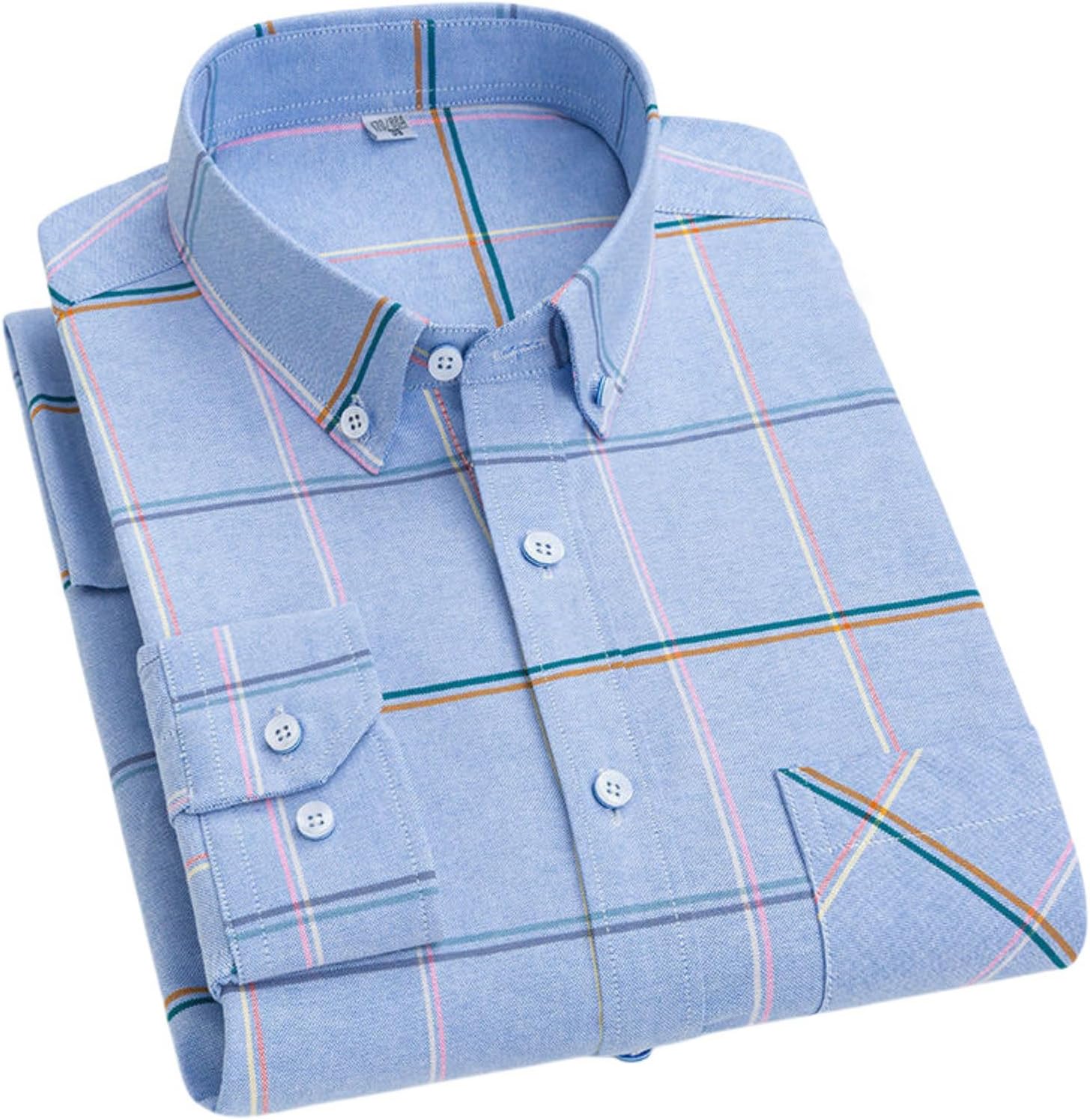 Men's Oxford Long Sleeve Solid Color Cotton Slim Fit Business Casual Striped Plaid Shirt