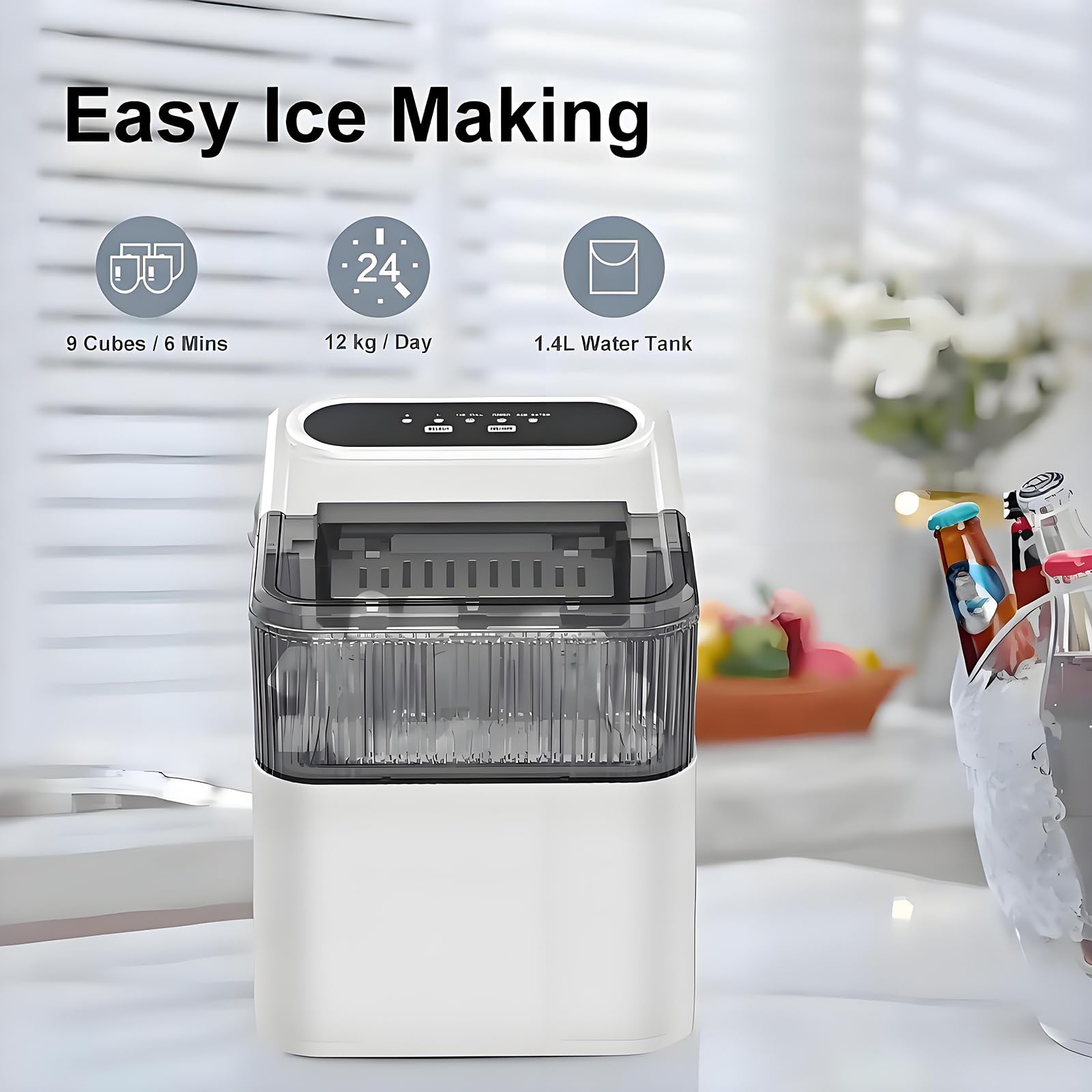 Przenośna, stołowa kostkarka do lodu, maszyna Bullet Ice z łyżką, 9 kostek w 6-8 minut, 12 kg24 godziny, do domu, akademika i na kemping