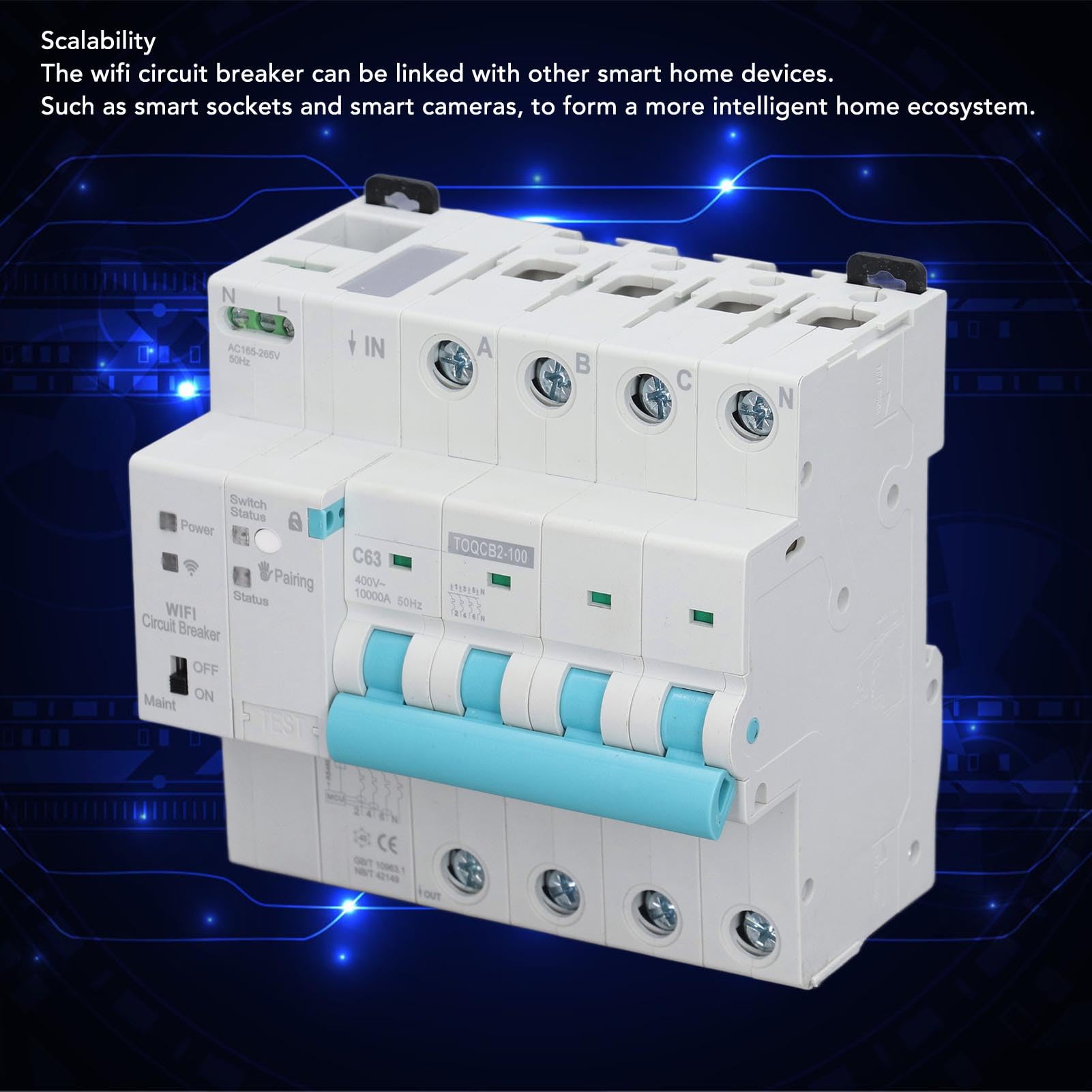Smart WiFi Wireless Circuit Breaker DIN Rail Elettricità Monitor Interruttore per Elettrodomestici 4P 145 a 295V 63A