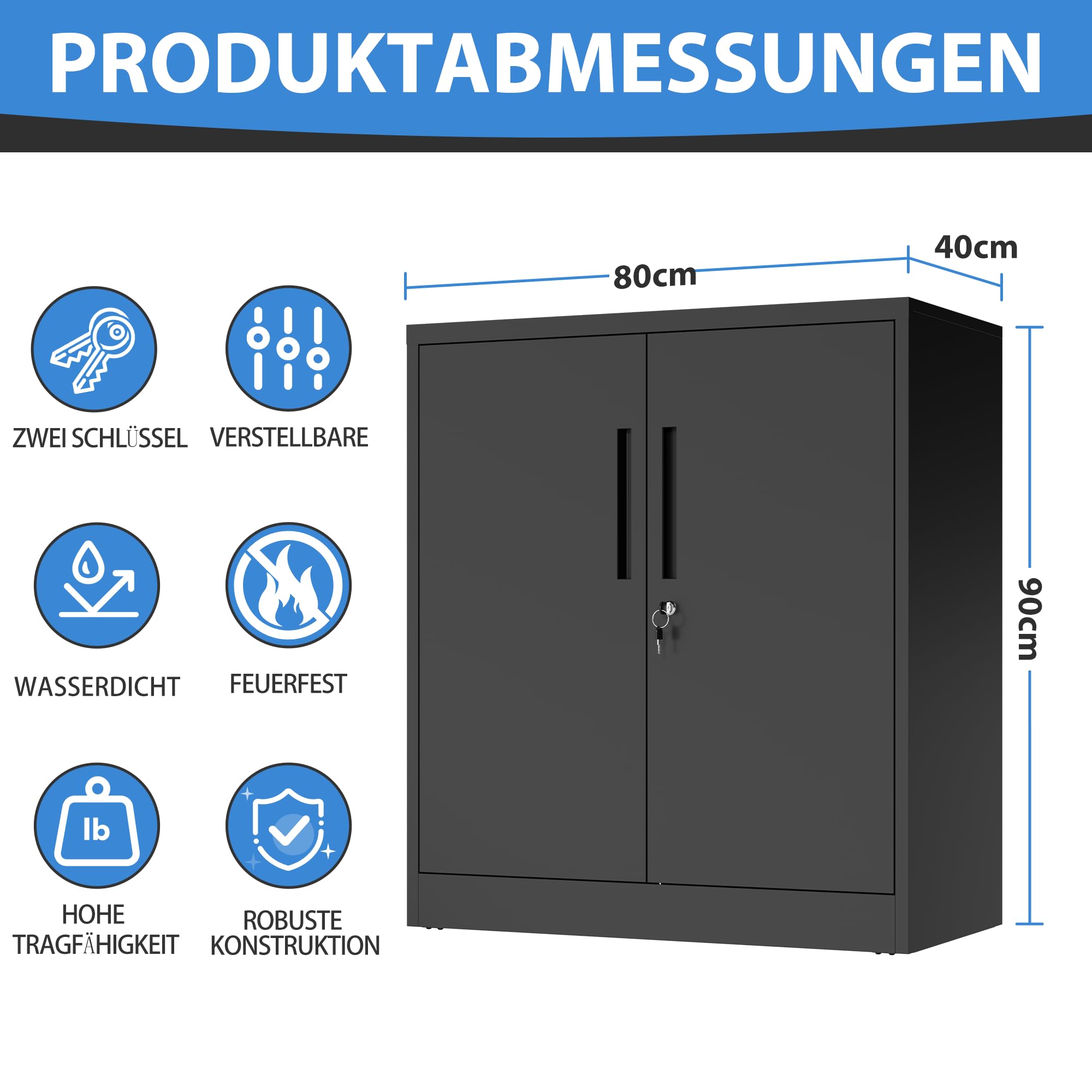 Metallschrank, Stahl-Aufbewahrungsschrank, Aktenschrank mit 2 Türen, Mehrzweckschrank mit 2 Verstellbare Regale, Schränke abschließbar für Büro, Wohnzimmer, Garage