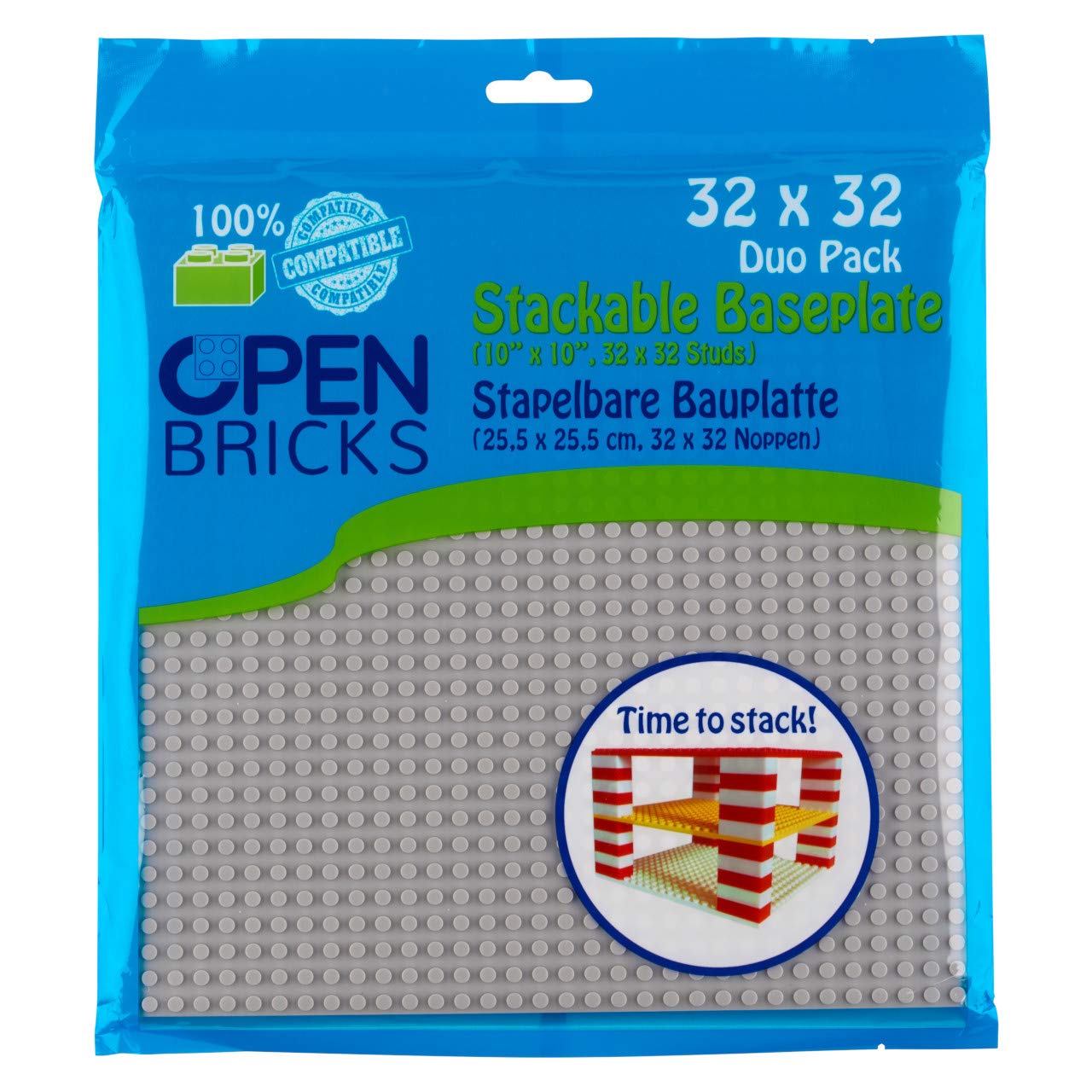 OPEN BRICKS OB-P32GY2 Building Panels, 32 x 32 cm (25.5 x 25.5 cm), Light Grey/Light Grey, Pack of 2, Compatible with All Leading Brands, Can Be Buildable on Both Sides, Green,