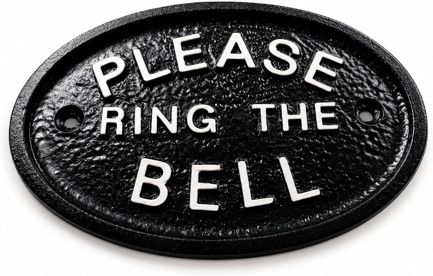 SILVER Please Ring The Bell Front Door Wall Plaque in Black With Raised Silver Lettering