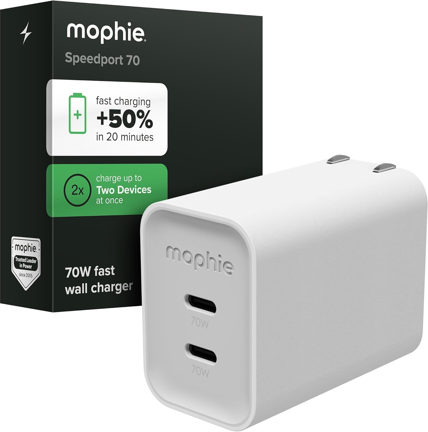 Mophie Speedport 70 GAN USB-C Charger Block - 70W Fast Wall Charger, 2× USB‑C PD Ports, Compact Foldable Prongs, Made with Recycled Materials, for Smartphones, Tablets, Headphones